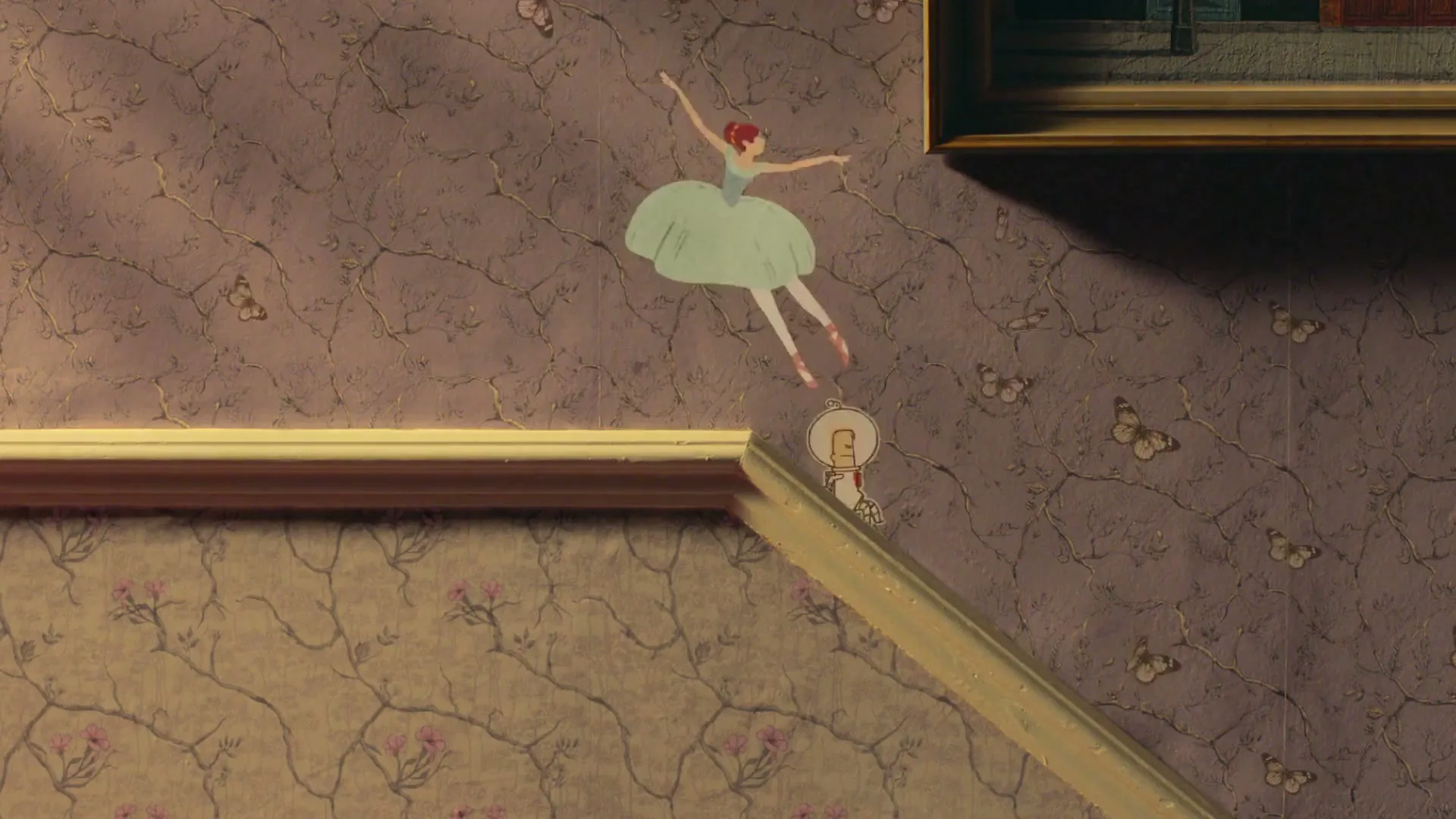 An animated ballerina in a light blue dress dances on a wall molding, while a small animated astronaut watches her, in a whimsical interior setting.