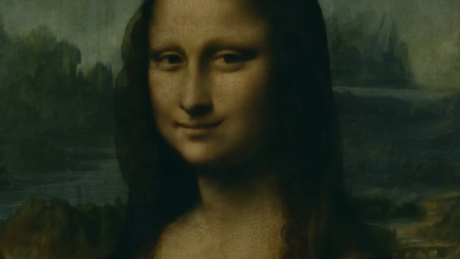 A closeup of the Mona Lisa painting, showing her enigmatic smile and the cracked texture of the old canvas.