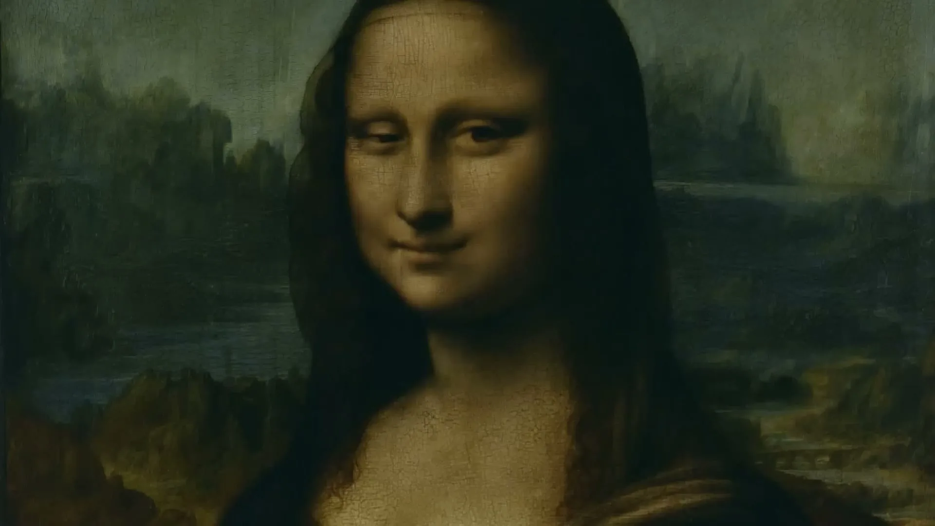 A medium shot of the Mona Lisa painting, showing her enigmatic smile and the cracked texture of the old canvas.