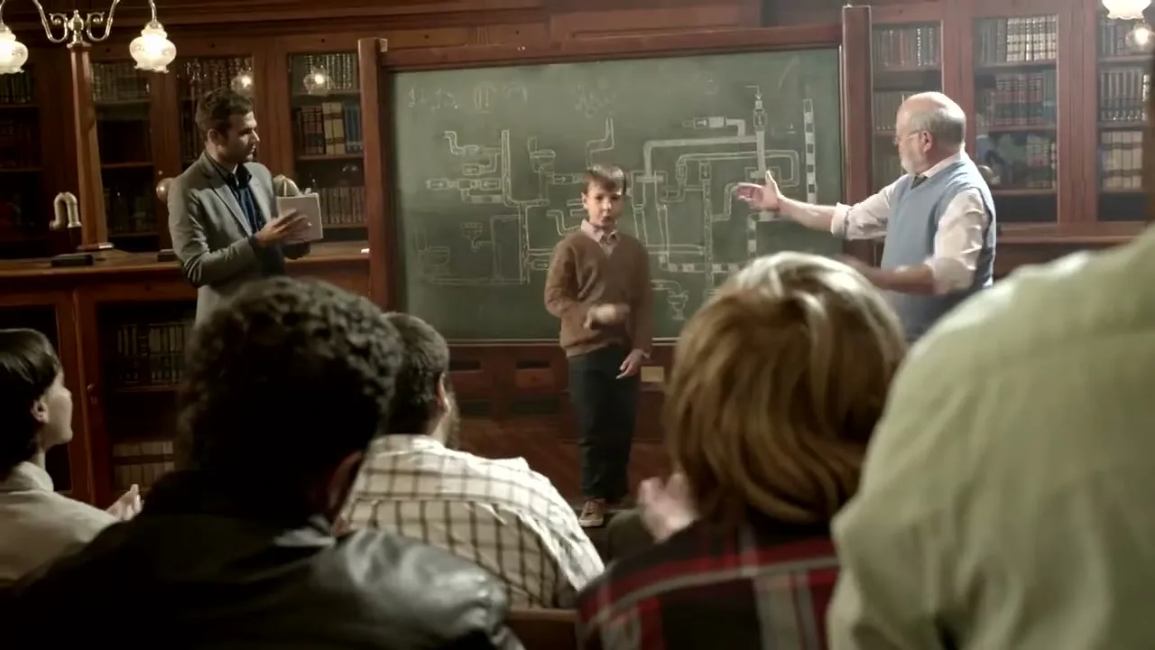 A young boy stands in front of a chalkboard with a plumbing diagram, while two men on either side of him gesture and a small audience watches and claps in a wood-paneled room.