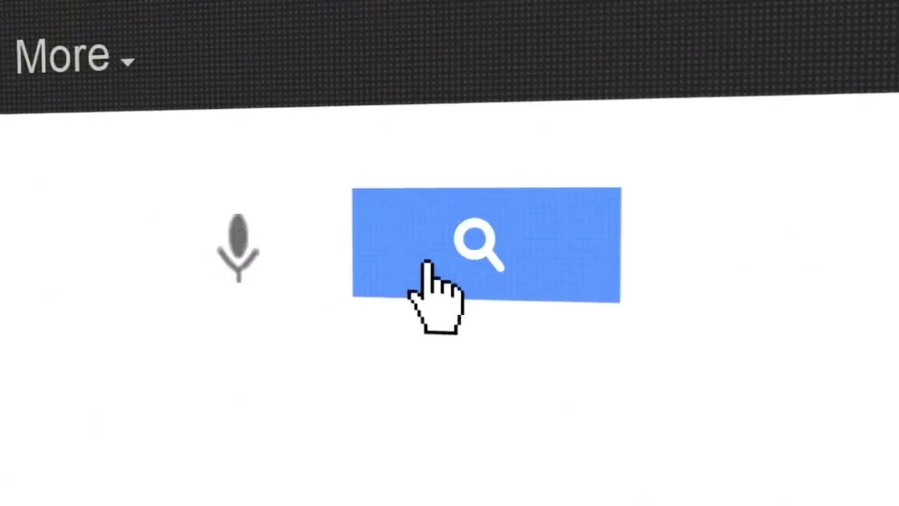 A computer mouse cursor clicks on a blue search button with a magnifying glass icon on a white screen.