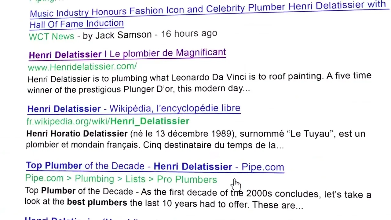 A computer screen displays search results for "Henri Delatissier," a celebrity plumber, with various news articles and website links visible.