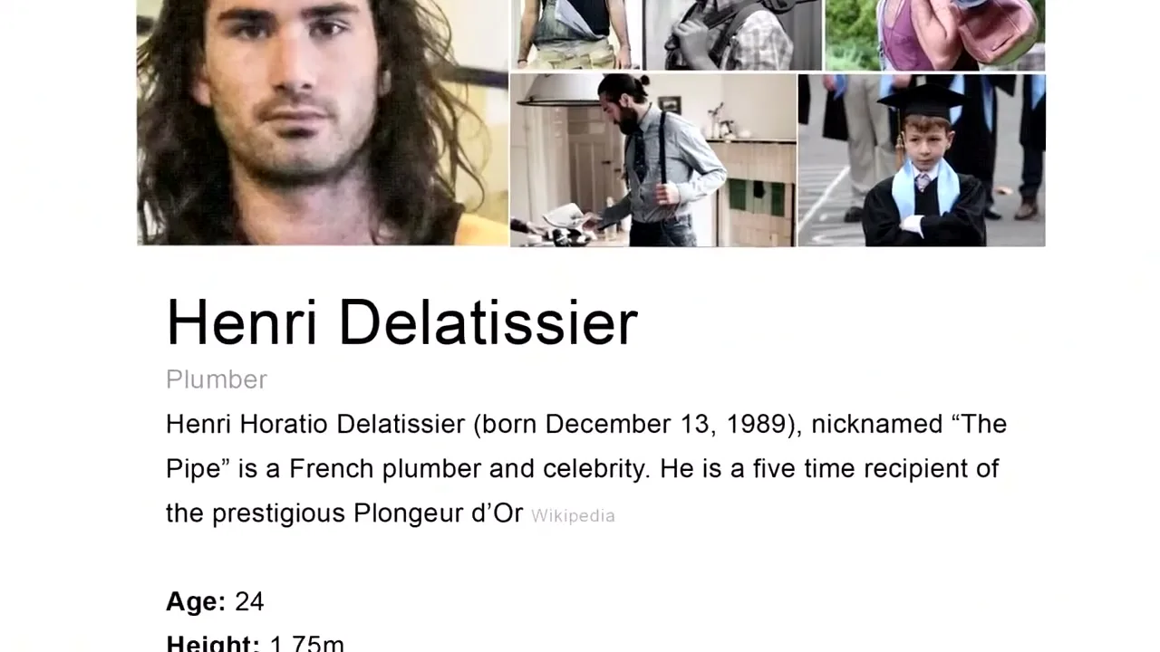 A fake Wikipedia page for "Henri Delatissier" a French plumber and celebrity, shows a collage of photos and text about him.