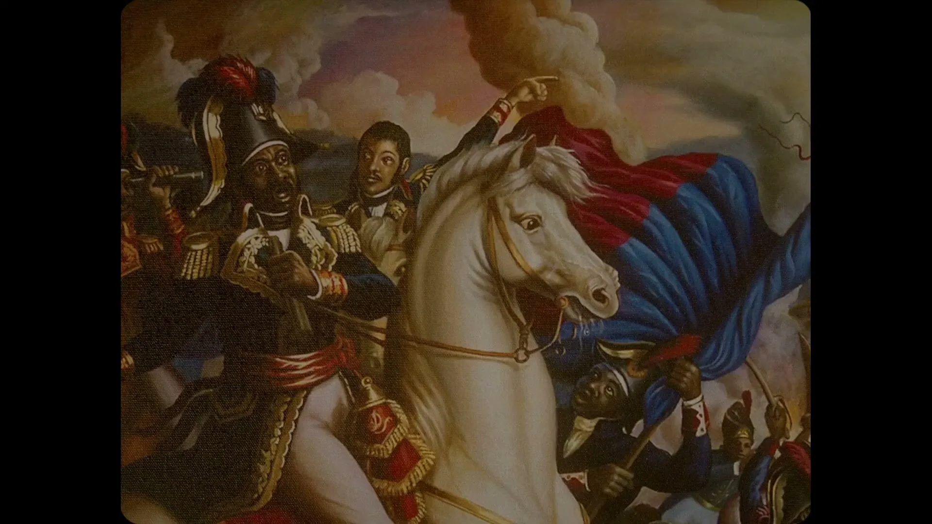 A painting depicts a Black general on a white horse, leading soldiers with a red, white, and blue flag into battle under a cloudy sky.