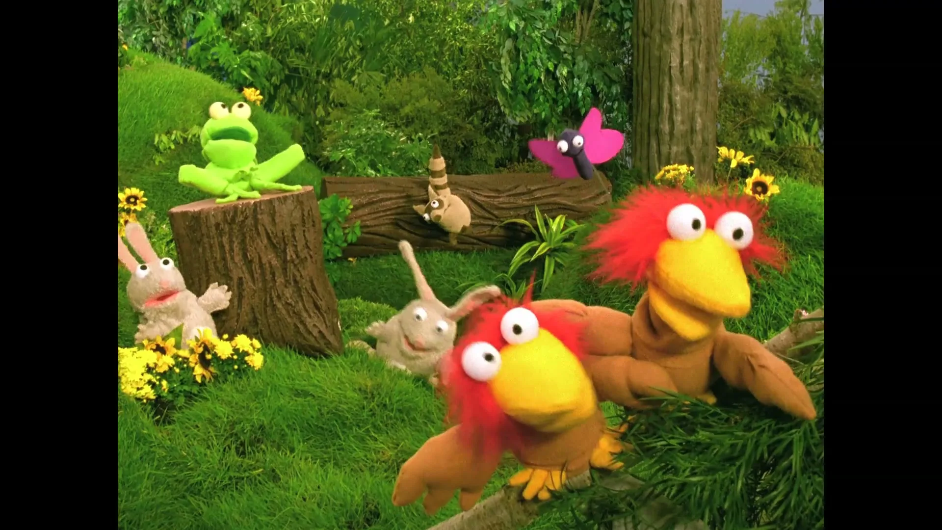 A group of colorful puppets, including two red-feathered birds, two bunnies, a frog, a butterfly, and a raccoon, are in a lush green forest setting.