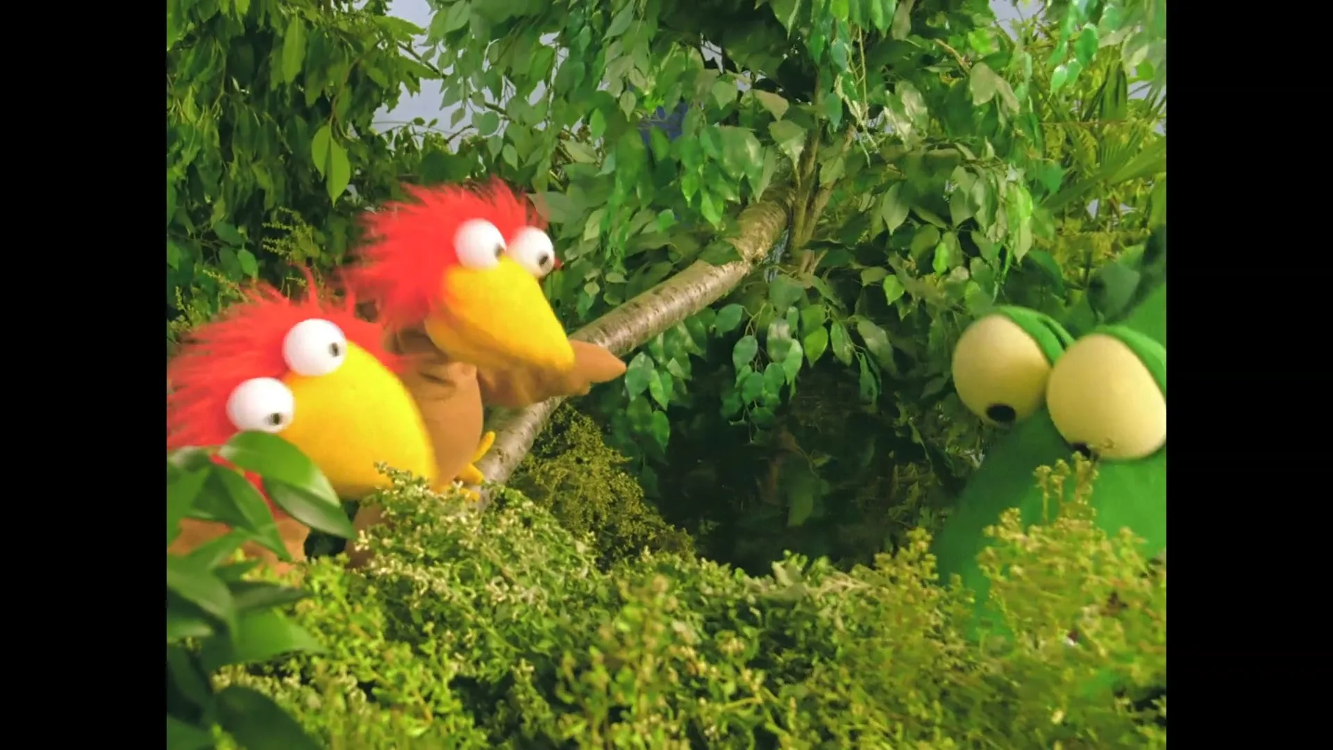 Two bird puppets with red feathers and yellow beaks are perched on a tree branch, looking at a green alligator puppet that emerges from the foliage.