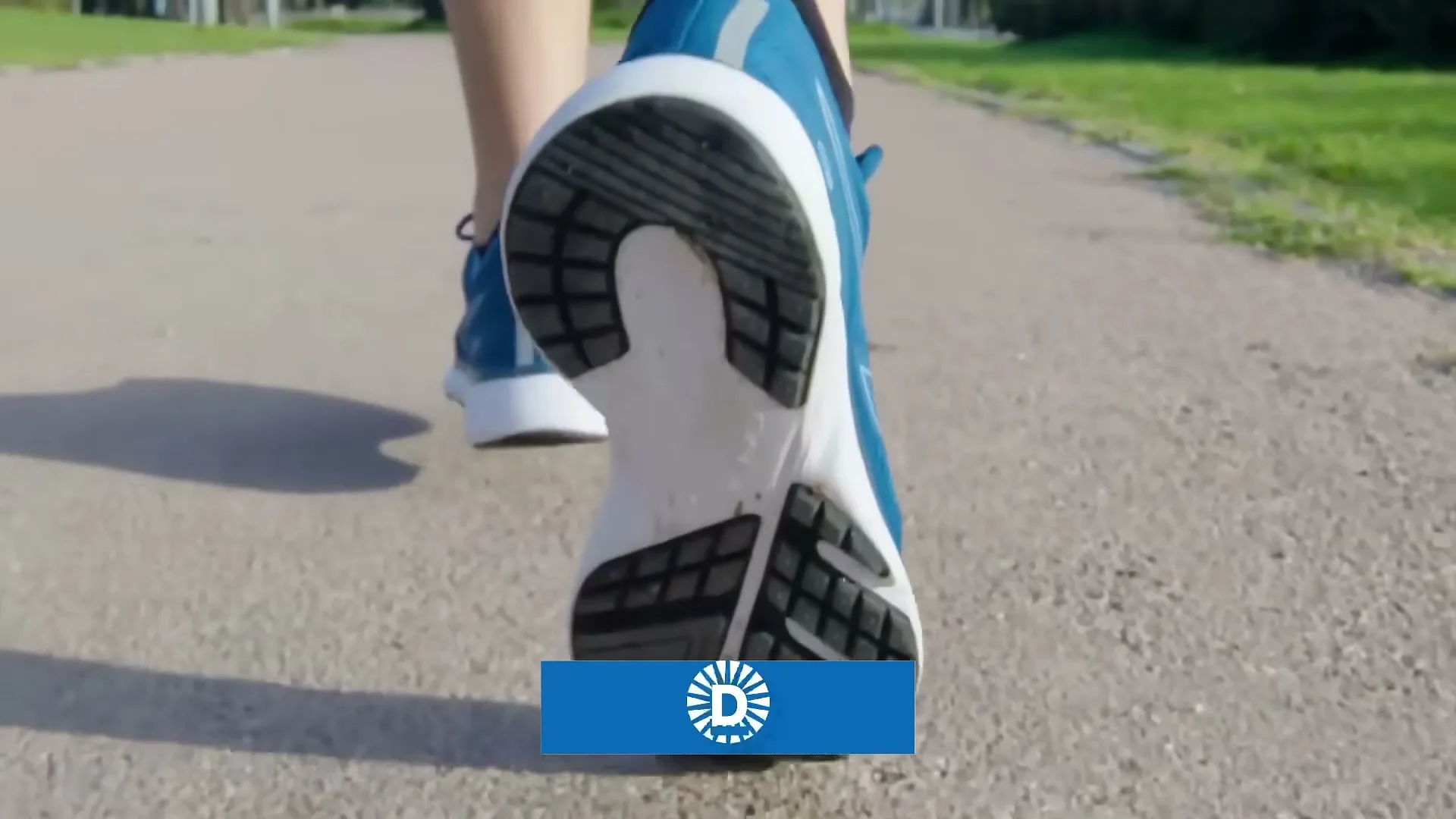 A person's feet in blue and white running shoes are seen from behind, jogging on a paved path in a park on a sunny day.