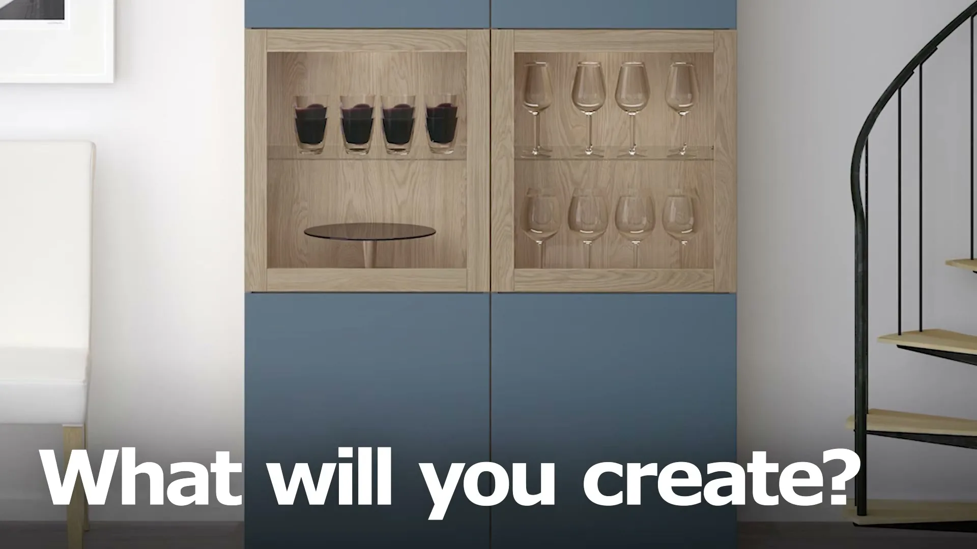A blue and wood cabinet with glasses and a cake stand inside, next to a white chair and a spiral staircase, with text overlay.