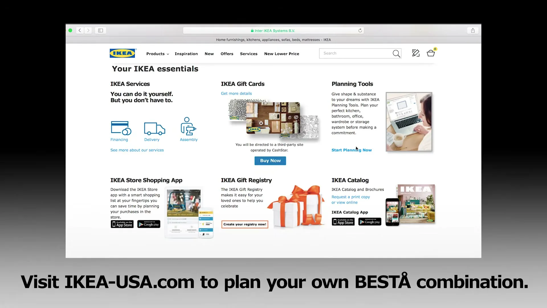 A computer screen displays the IKEA website with various services and products, while text overlays the bottom of the screen.