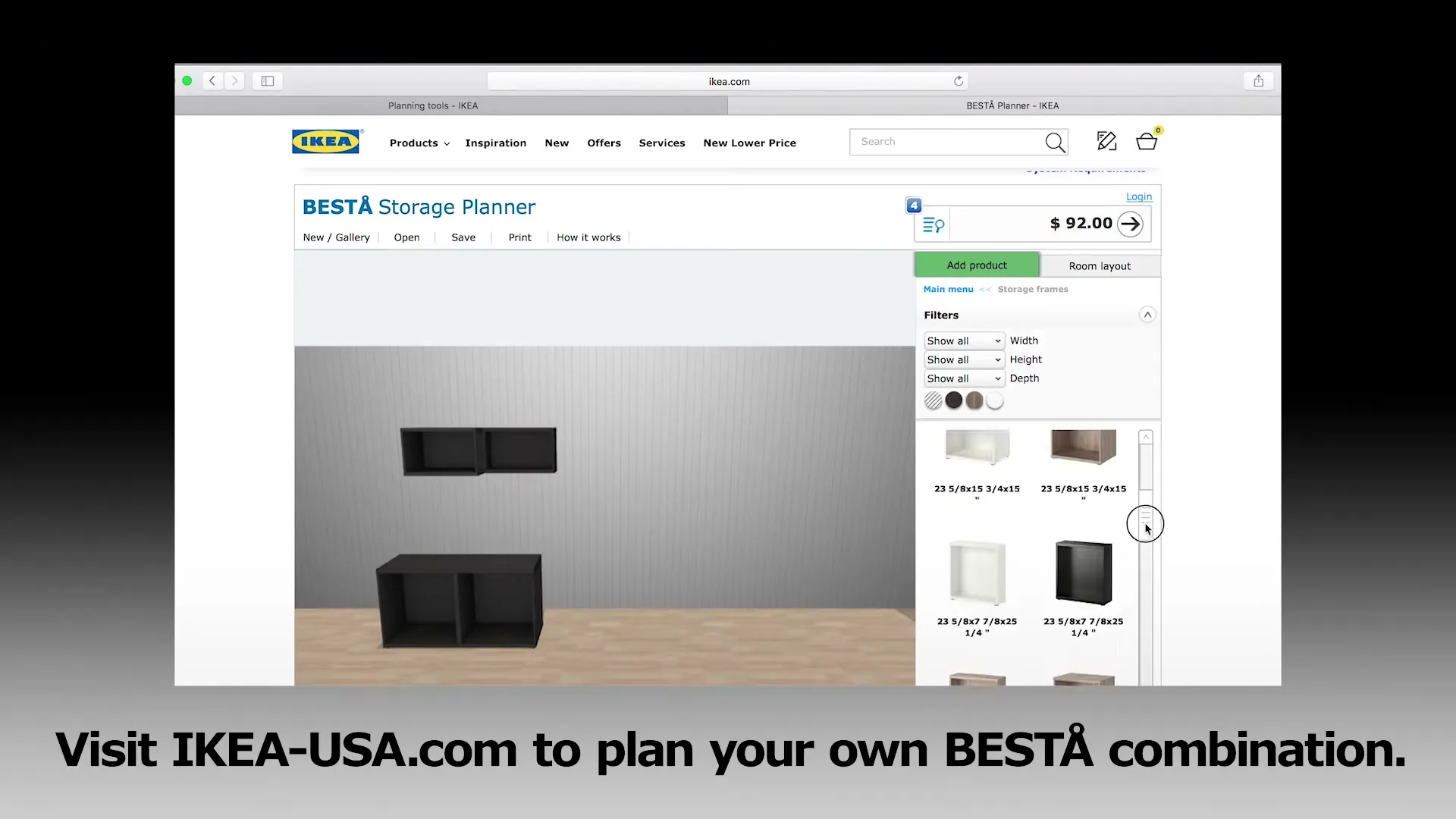 A computer screen shows the IKEA website's "BEST

Storage Planner" as a user drags and drops furniture modules to design a storage unit.
