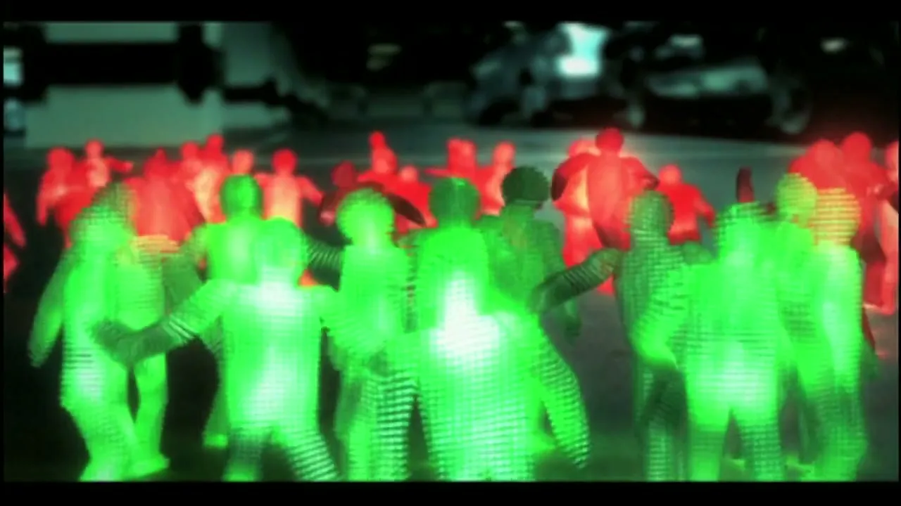 A crowd of people, some glowing green and some red, are dancing in a dark, blurry outdoor setting.