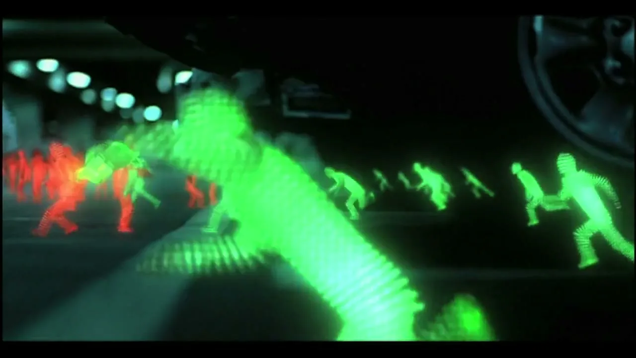 A low-angle shot shows a car driving over a road with many red and green glowing stick figures running and walking on it.