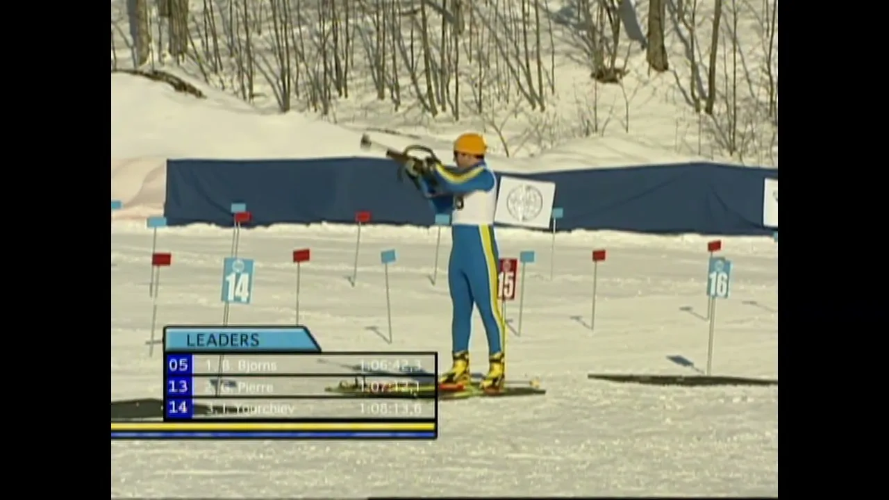 A male biathlete in a blue and yellow suit and yellow helmet aims his rifle at targets on a snowy outdoor range during a competition.