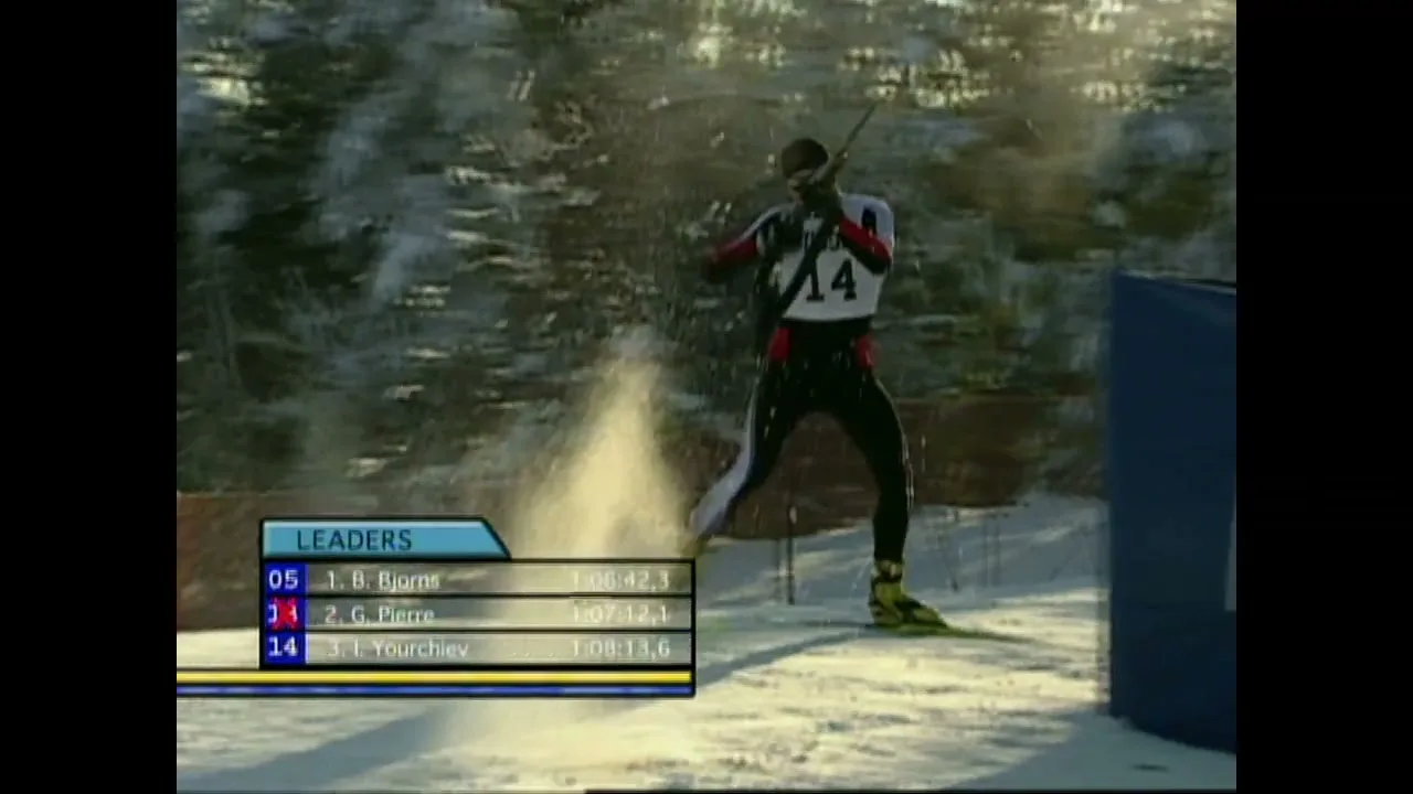 A male biathlete in a white, red, and black suit skis through a snowy forest, kicking up snow as he moves.