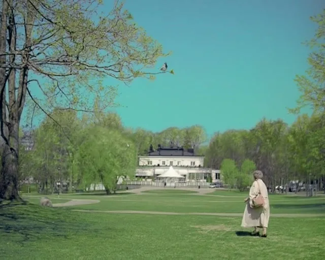 An elderly woman in a trench coat stands in a park, looking up at a bird in a tree, with a large building in the background.