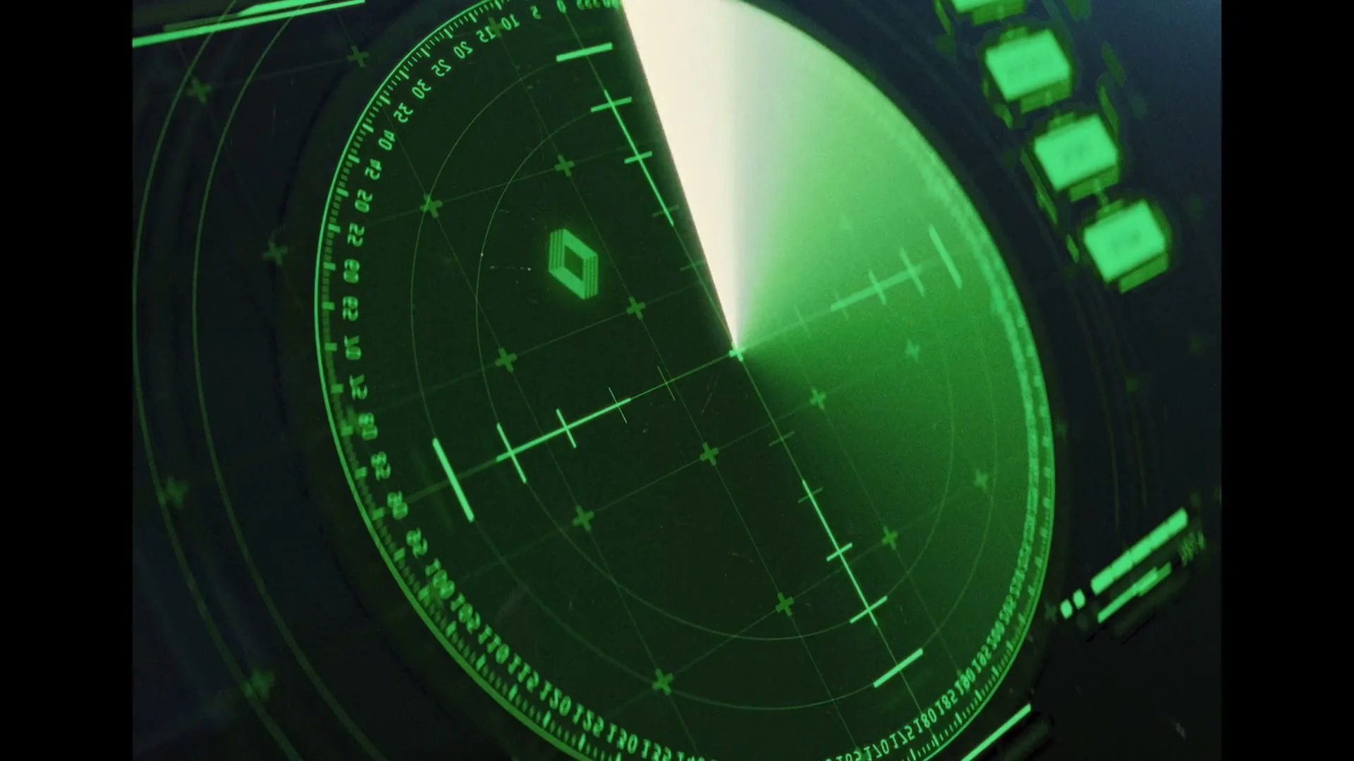 A green radar screen with a sweeping white line and various markings is shown in a close-up shot.