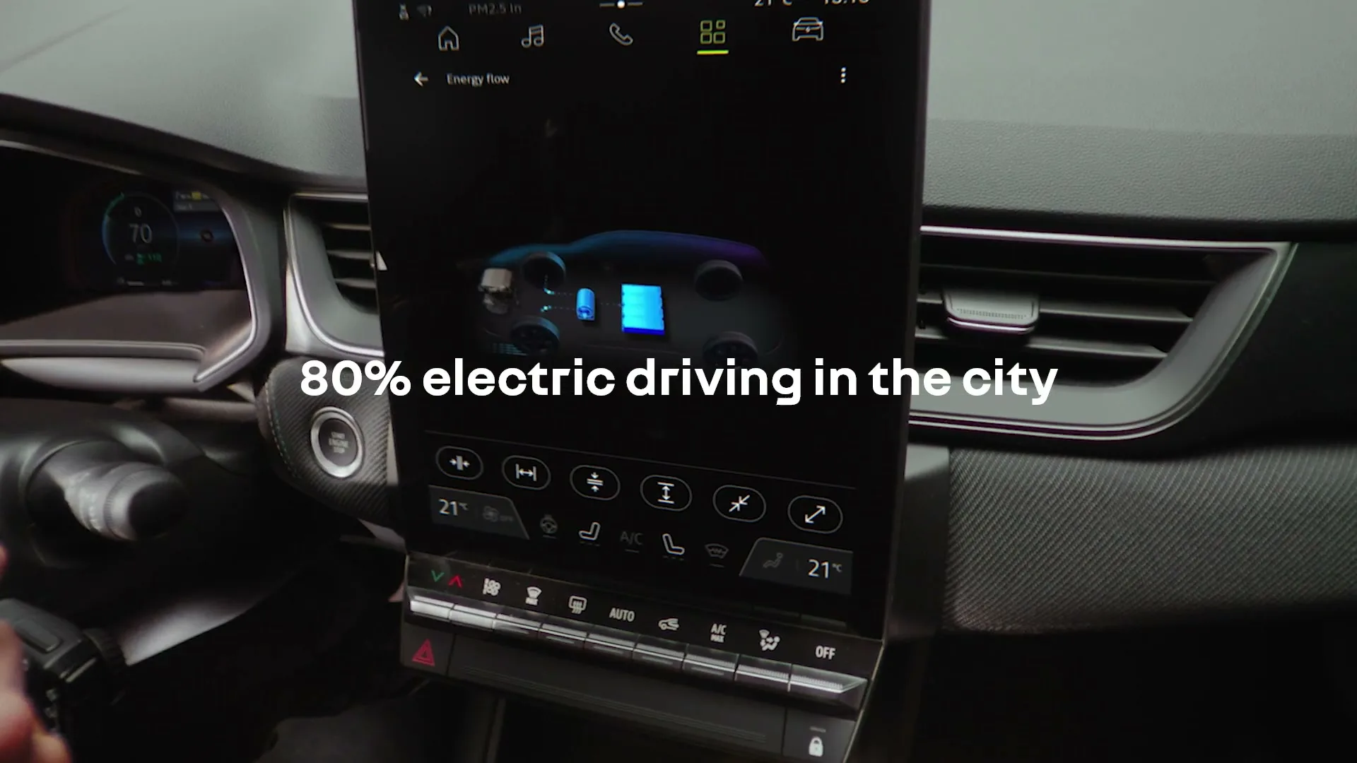 A close-up shot inside a car shows a large vertical screen displaying an "Energy flow" graphic, with the text "80% electric driving in the city" overlaid.