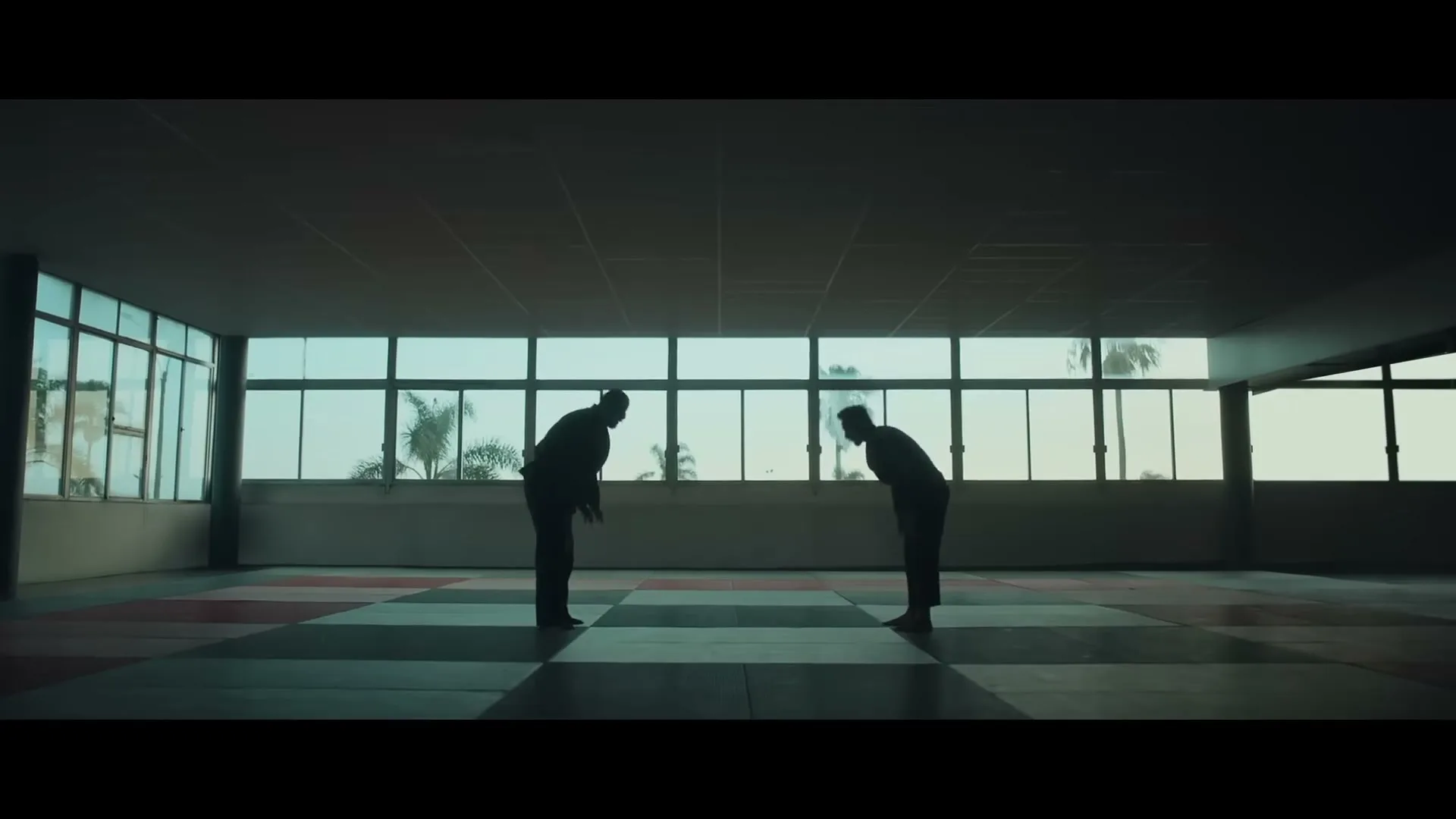 Two male martial artists in dark gis bow to each other in a dojo with large windows, silhouetted against the bright exterior.
