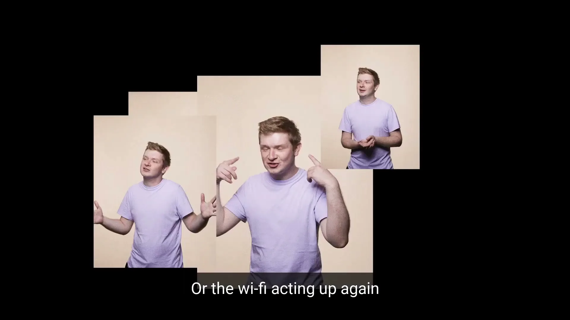A man in a light purple t-shirt gestures with his hands and talks, with multiple versions of himself appearing in a collage on a beige background.