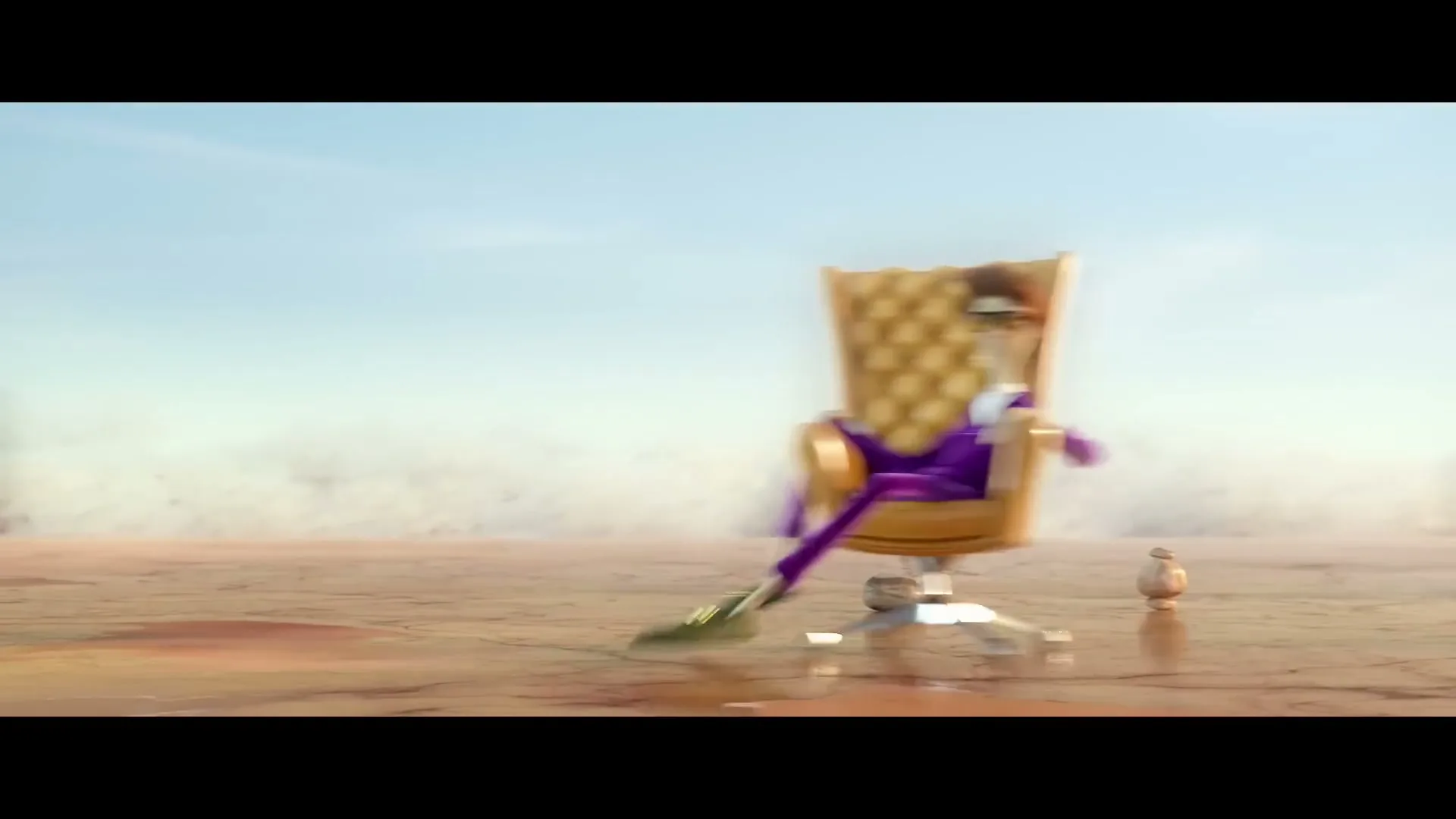 A stylized animated man in a purple suit and sunglasses sits in a golden office chair in a vast desert landscape, as a giant's foot appears next to him.