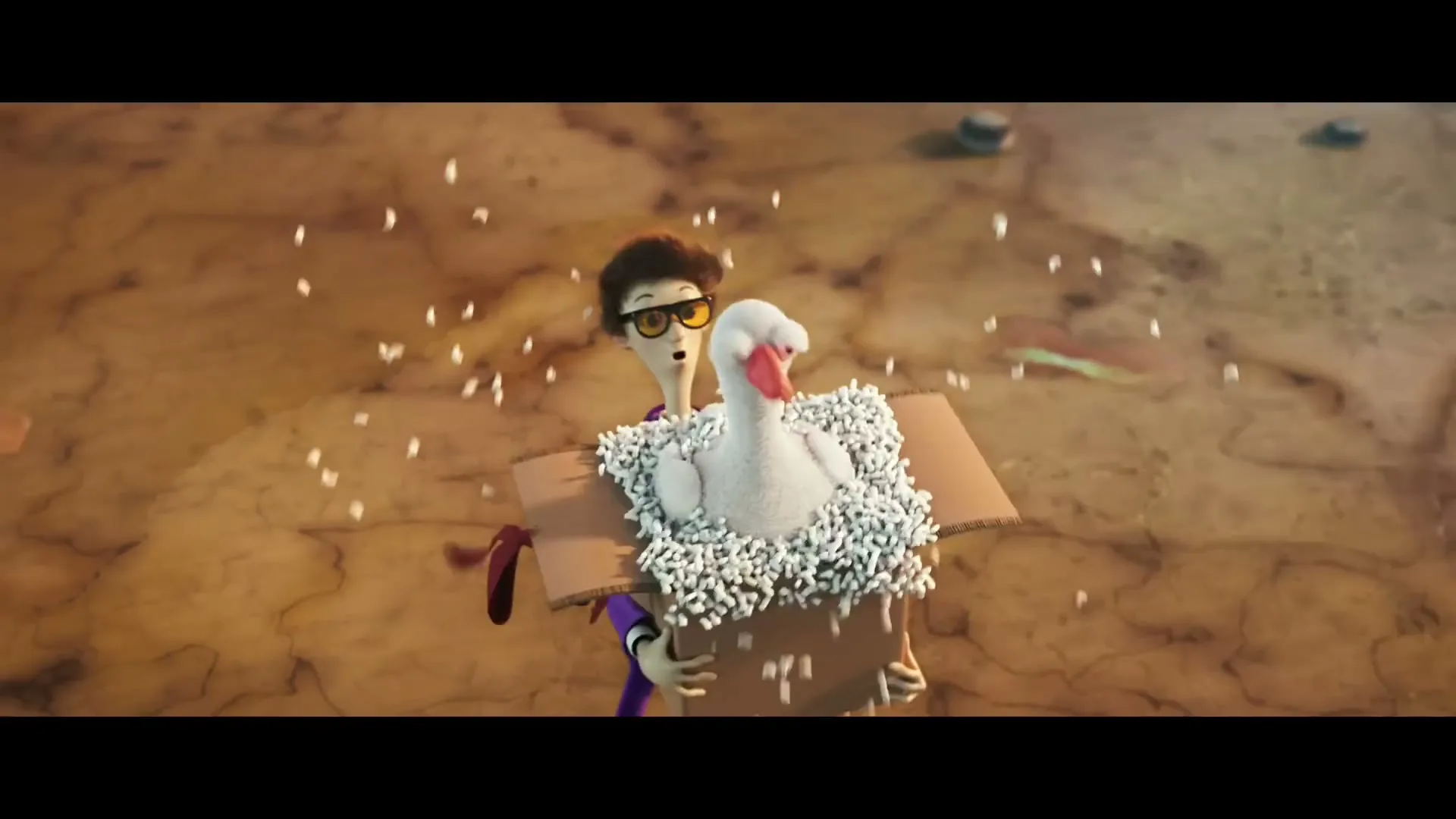 A stylized animated man in a purple suit and yellow glasses holds a box, from which a white goose emerges, standing on a golden chain against a map-like background.