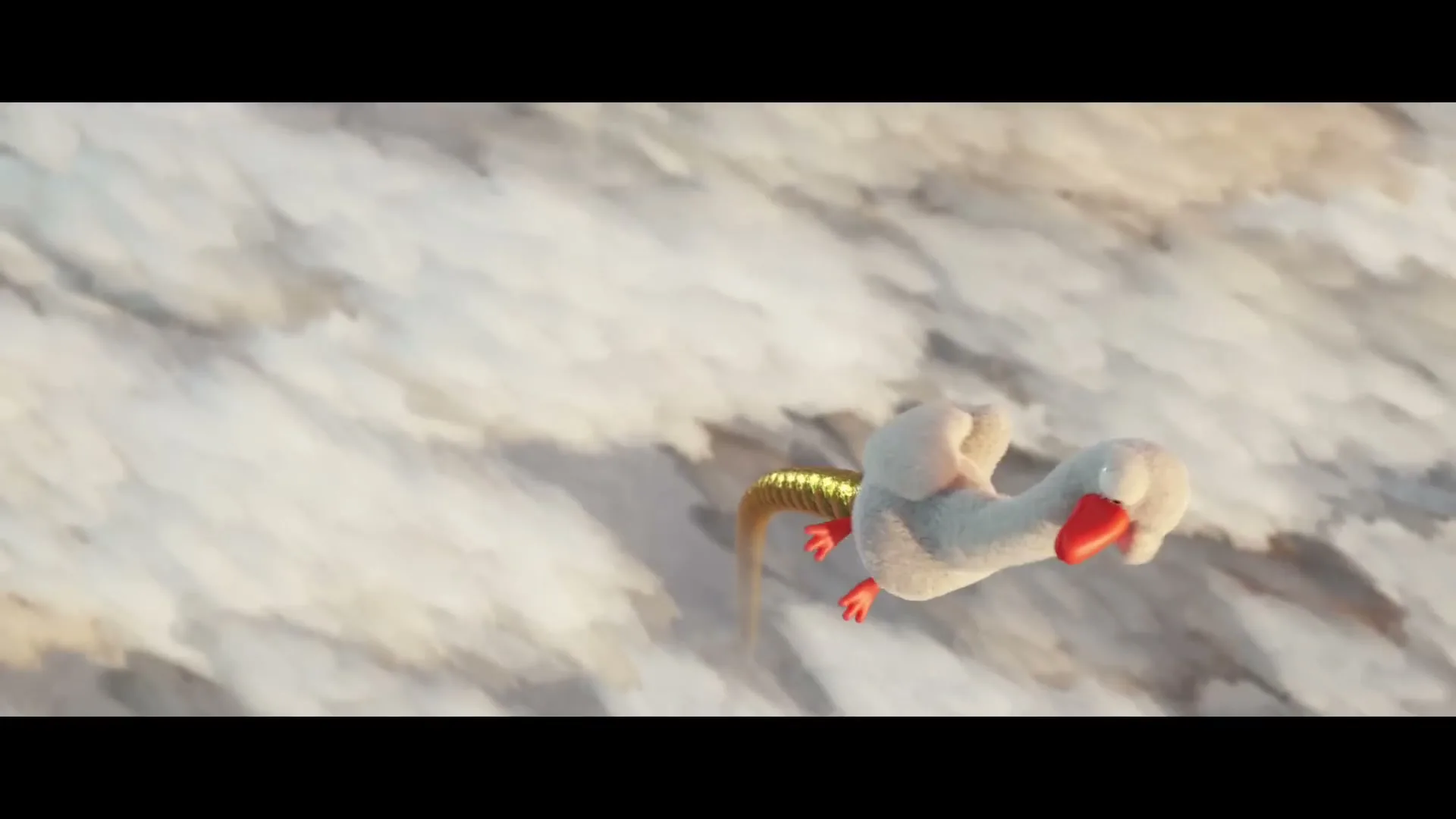 A white goose with red feet and beak falls through the sky, dropping golden eggs, in a stylized animated shot.