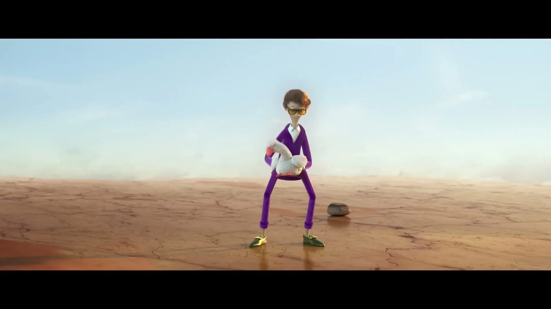 A stylized animated man in a purple suit and sunglasses stands in a barren desert, holding a white goose, as his clothes transform into a camouflage suit.