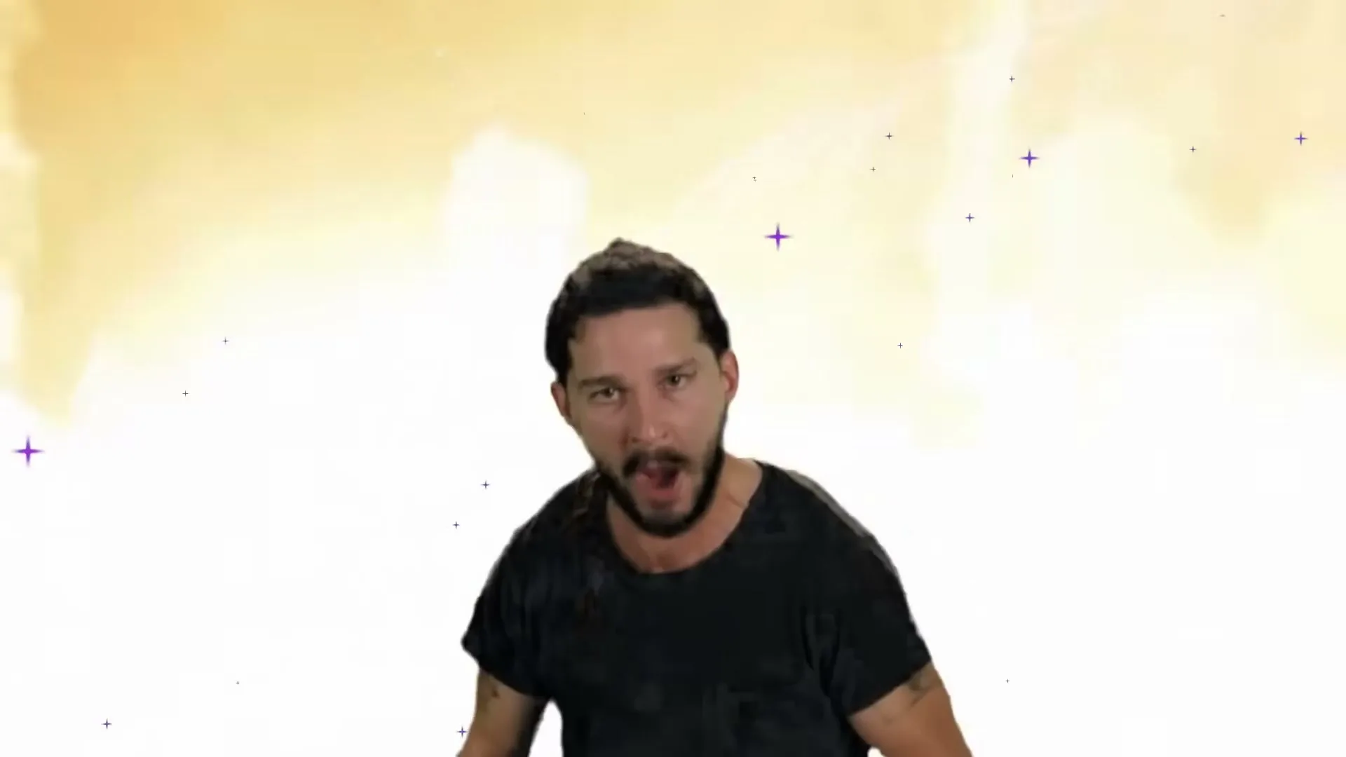 A man with a beard and dark hair, wearing a black t-shirt, shouts intensely against a background of swirling fire and cosmic dust.
