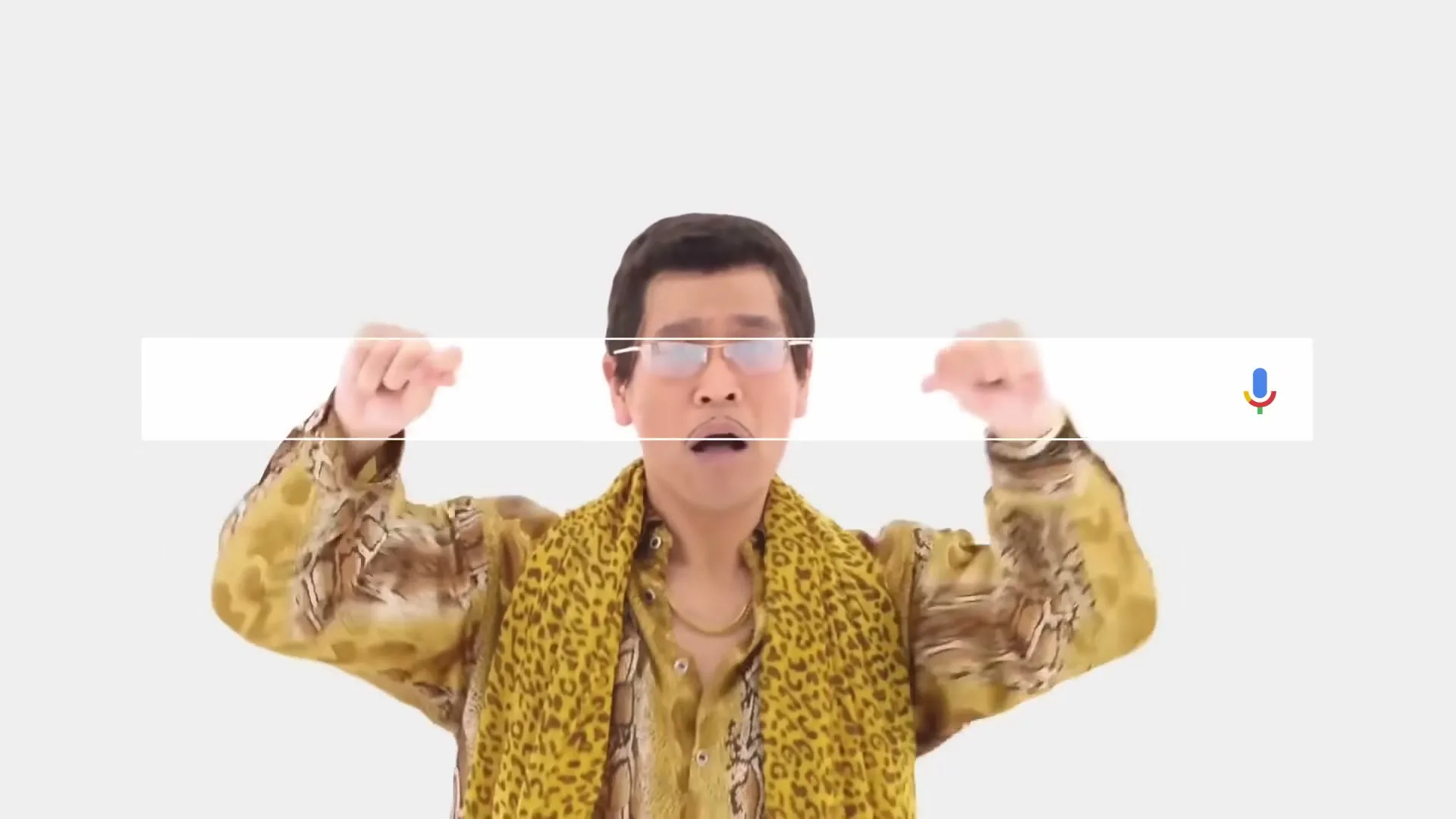 A man in a leopard print shirt and sunglasses dances with a Google search bar superimposed over his face in a studio.