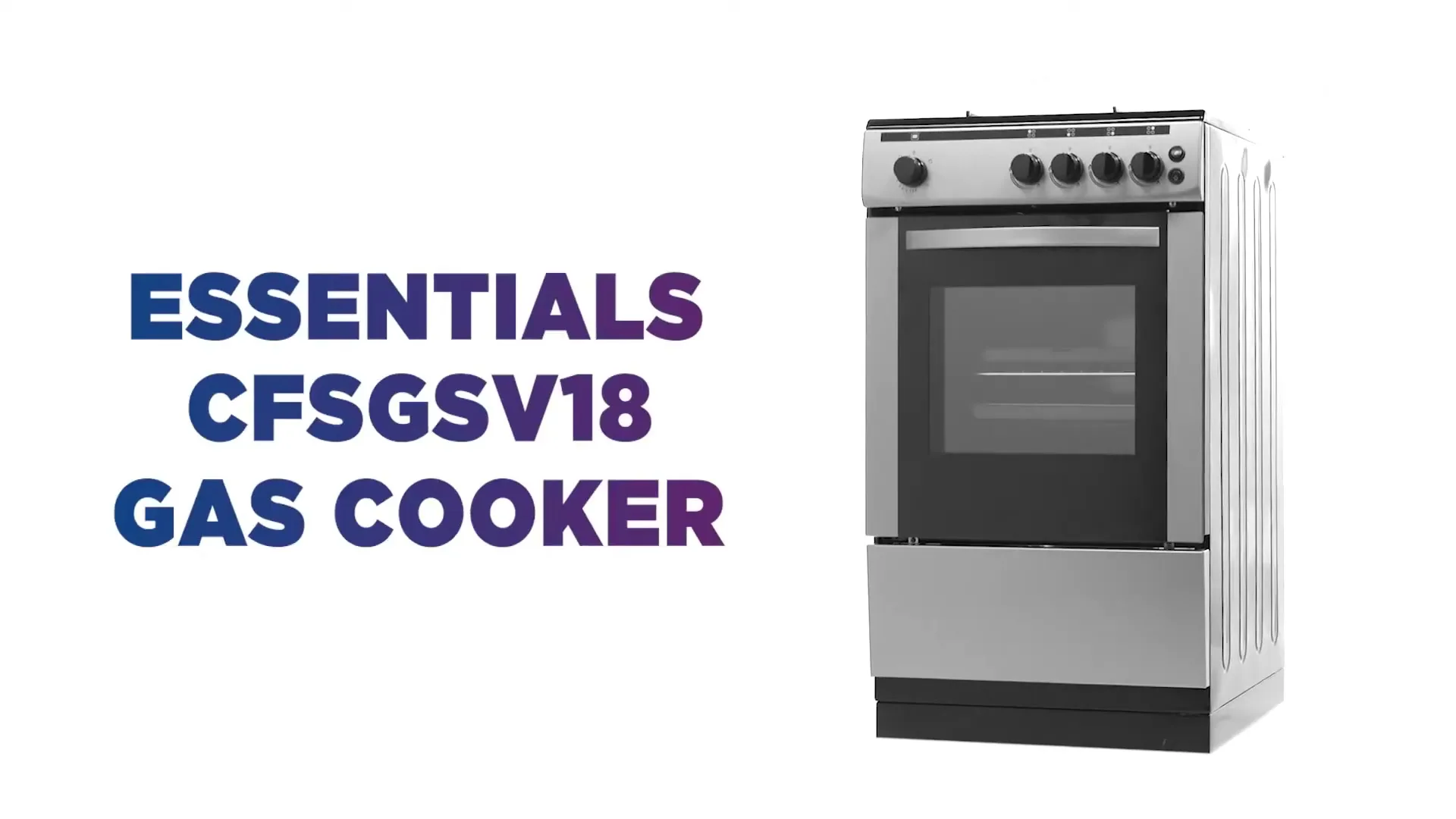 A silver and black gas cooker stands on a white background, with product information text appearing on the left side of the screen.
