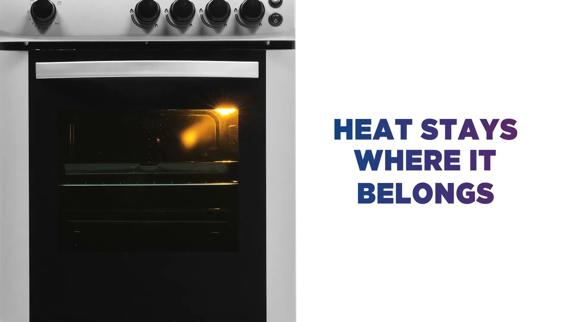 A white oven with a glowing interior is shown in a studio setting, with text appearing on the right side of the screen.