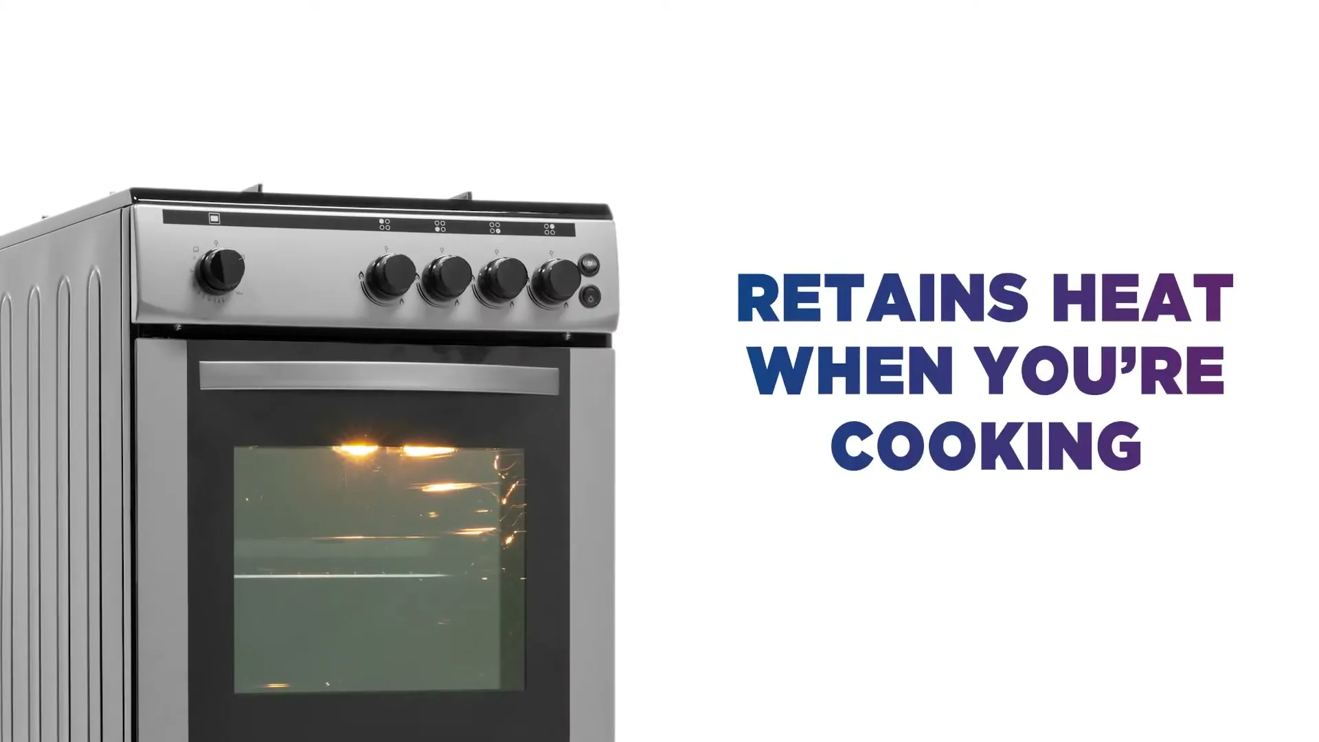 A silver oven with a lit interior is shown against a white background, with text appearing on the right side of the screen.
