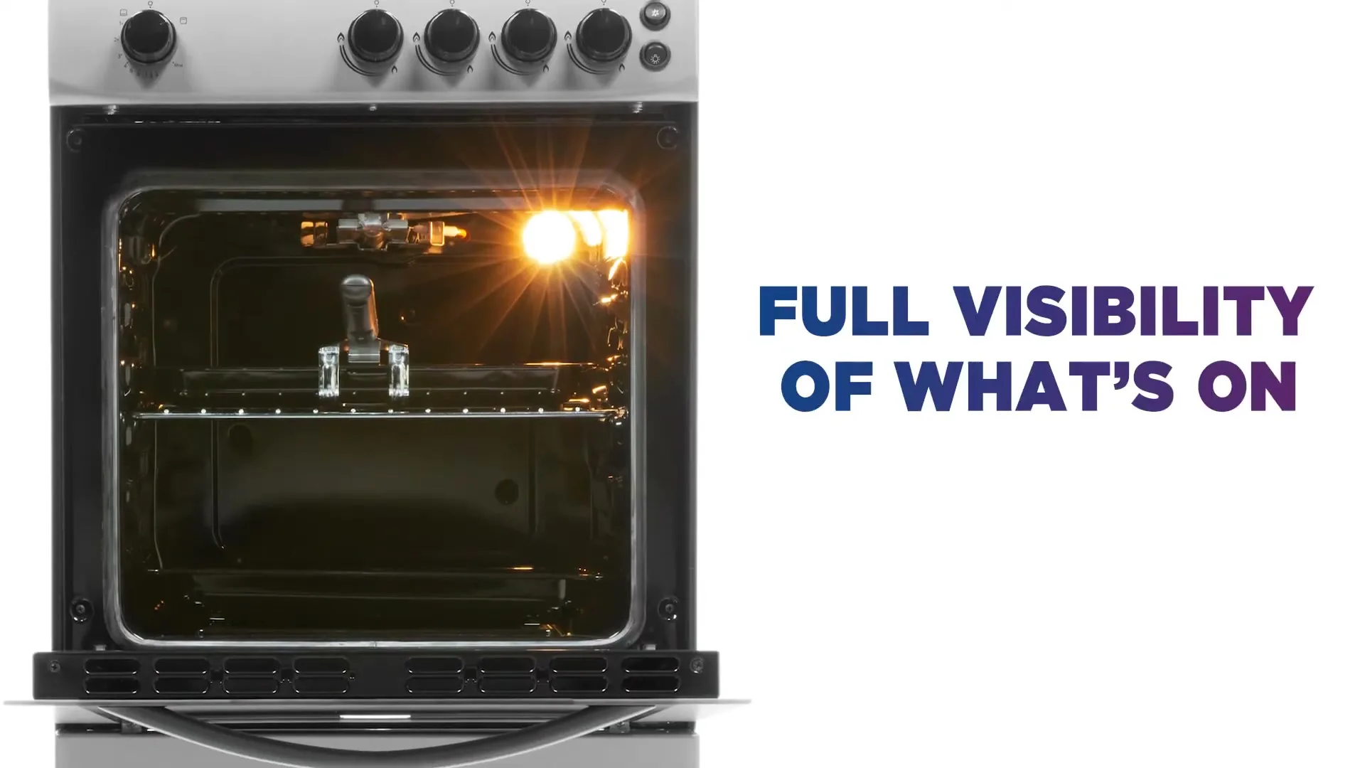 A close-up shot of a modern silver oven with its door open, revealing a bright light inside, against a clean white background.