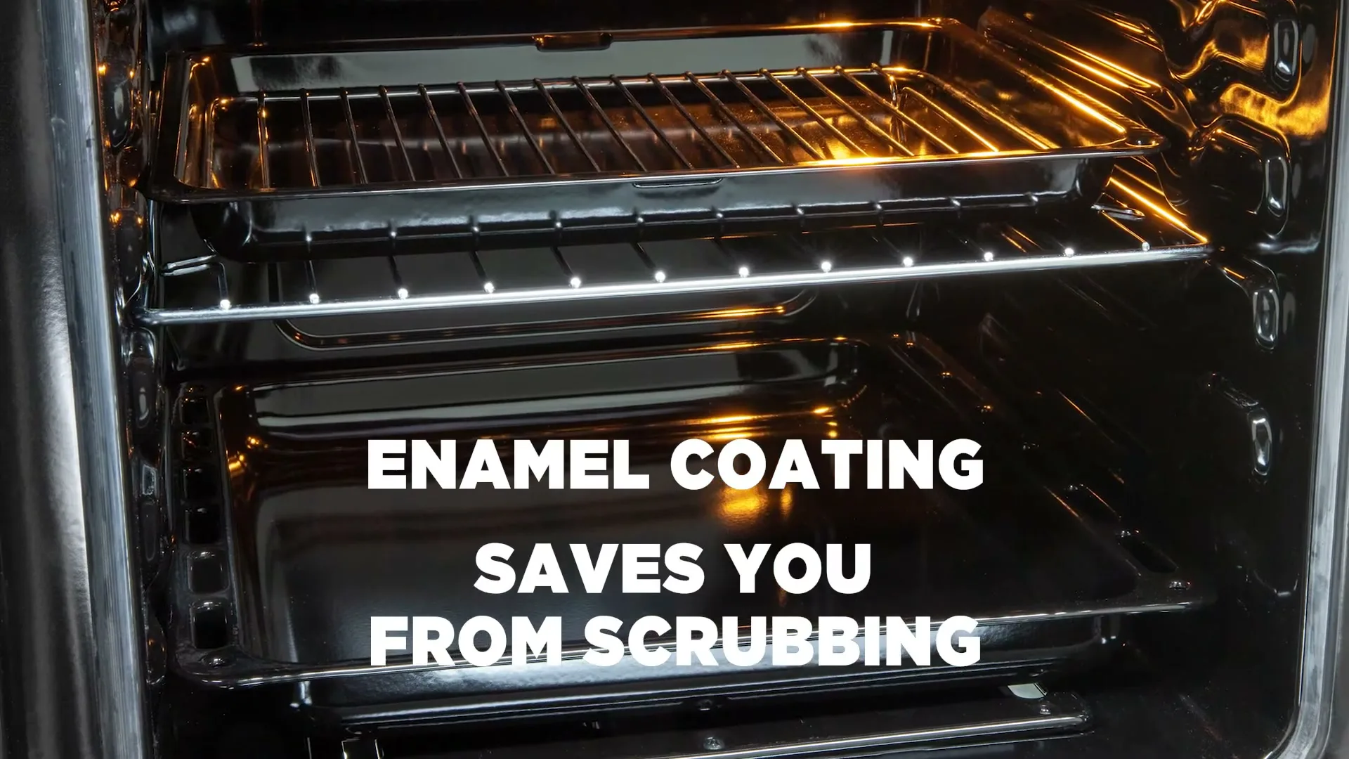 A close-up shot of the inside of a clean oven with racks and trays, highlighting its enamel coating for easy cleaning.