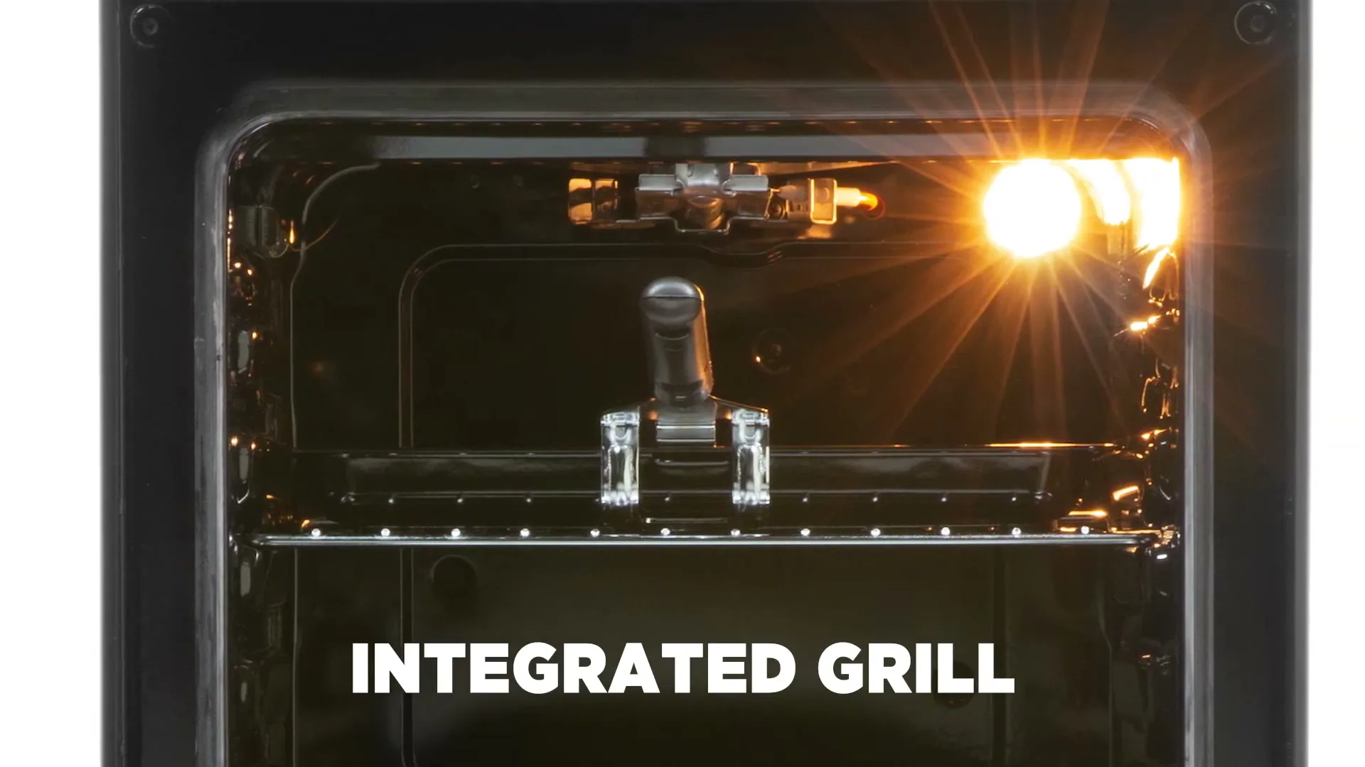 A close-up shot inside a clean, dark oven with a bright light shining from the top right, highlighting the grill element and racks.