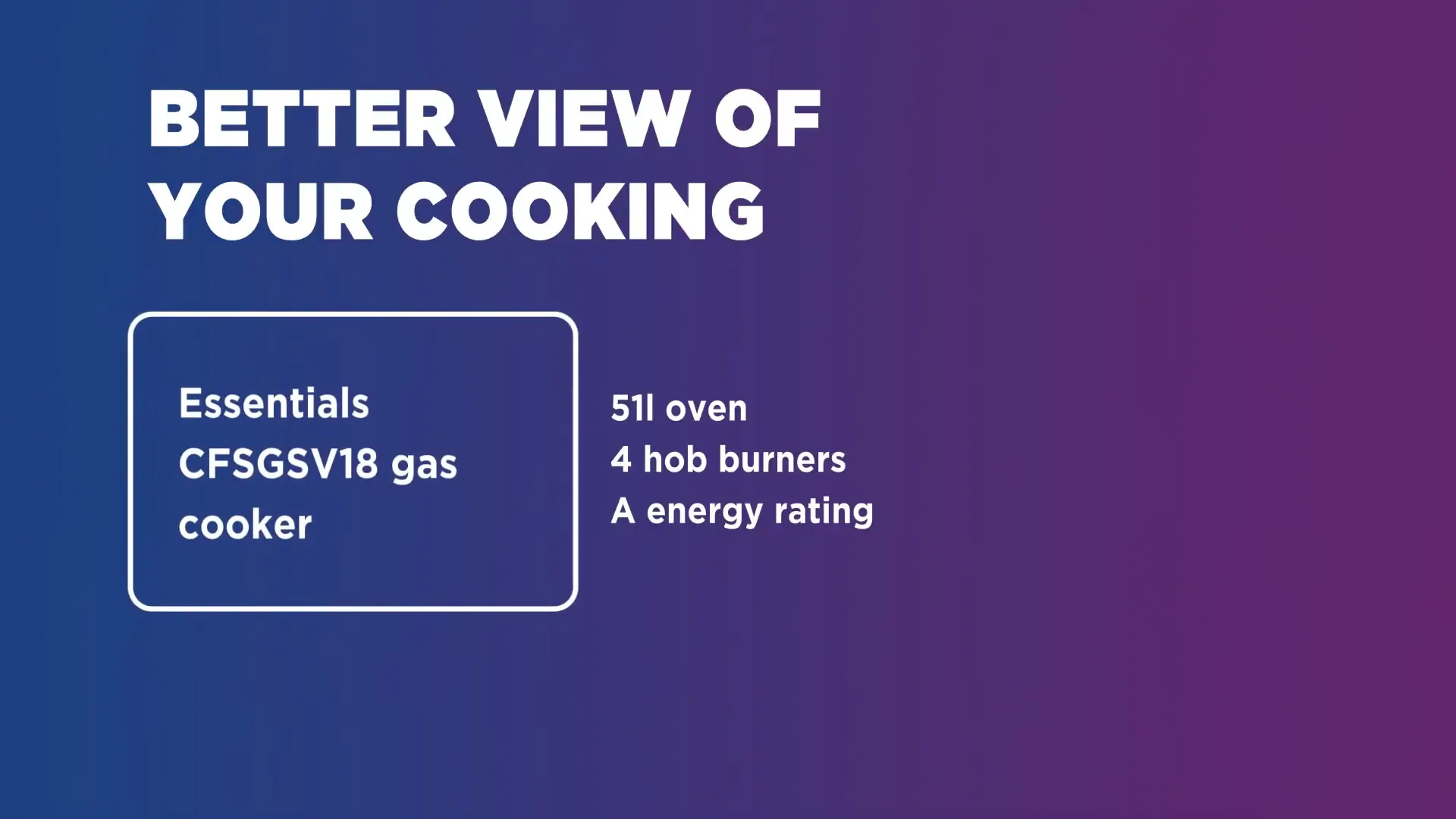 A graphic animation shows a gas cooker and its features, with text "BETTER VIEW OF YOUR COOKING" on a blue and purple gradient background.