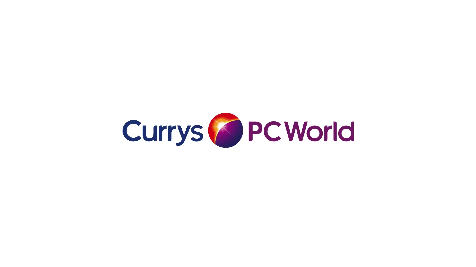 The Currys PCWorld logo is displayed on a white background, with a colorful, glowing orb appearing in the center.