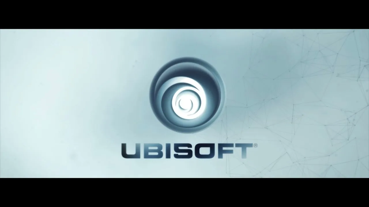 The Ubisoft logo, a stylized blue spiral within a sphere, appears on a light blue background with subtle geometric patterns, then brightens to white.