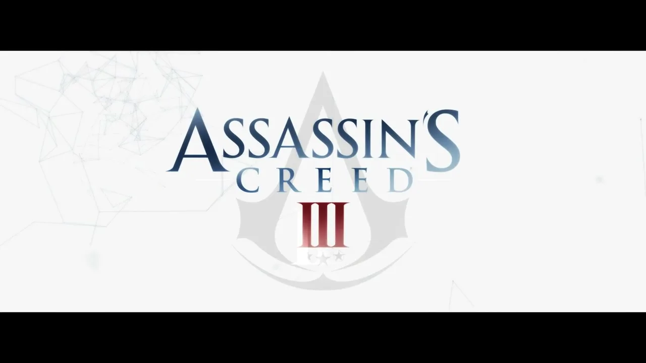 The title card for "Assassin's Creed III" appears on a white background with subtle geometric patterns, as the camera slowly zooms in.