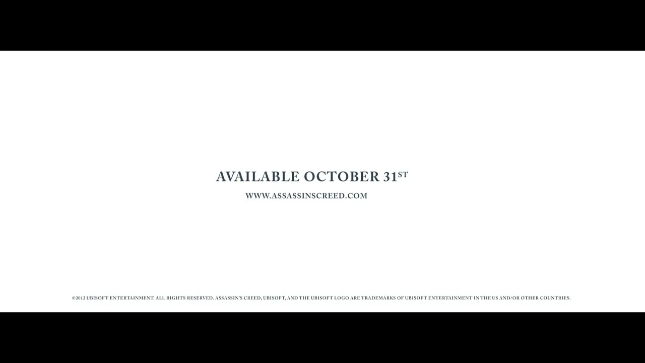 The Assassin's Creed logo appears and then fades to reveal the game's release date and website on a white background.