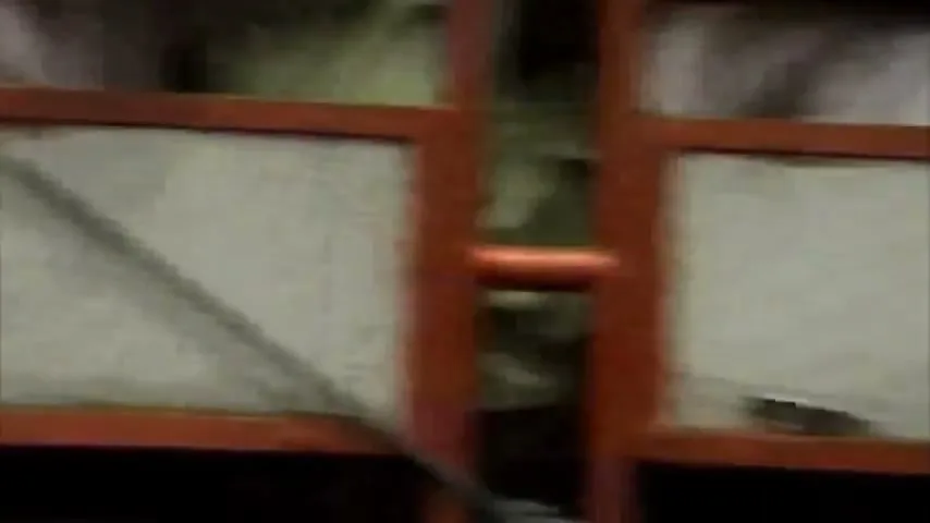 A blurry, shaky shot of a person in a green shirt walking past a metal gate, suggesting movement and confinement.