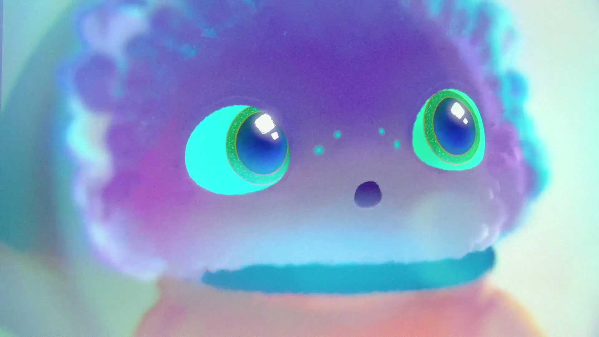 A cute, fluffy, purple and blue alien creature with large, glowing green eyes looks around curiously in a bright, ethereal setting.