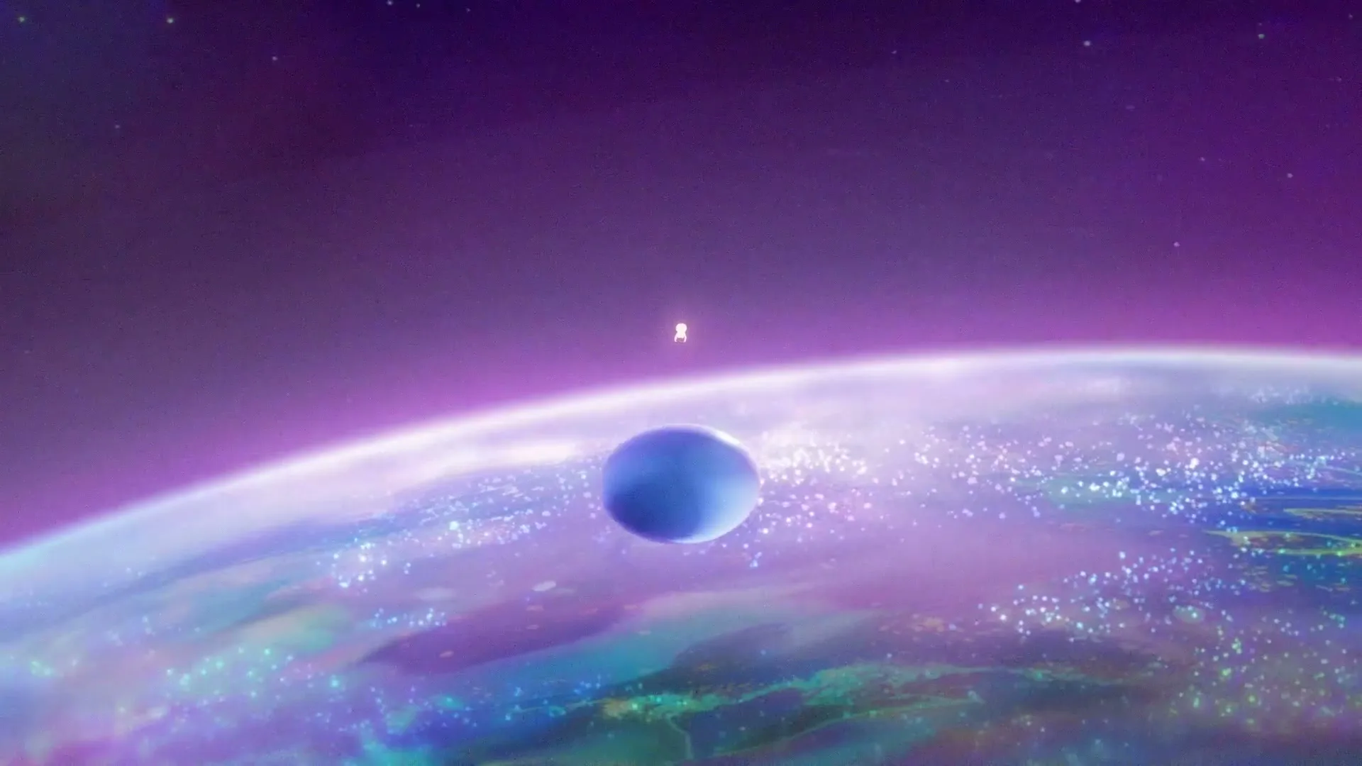 A small, glowing blue orb floats above a vibrant, sparkling planet in a purple, star-filled outer space, with a tiny figure in the distance.