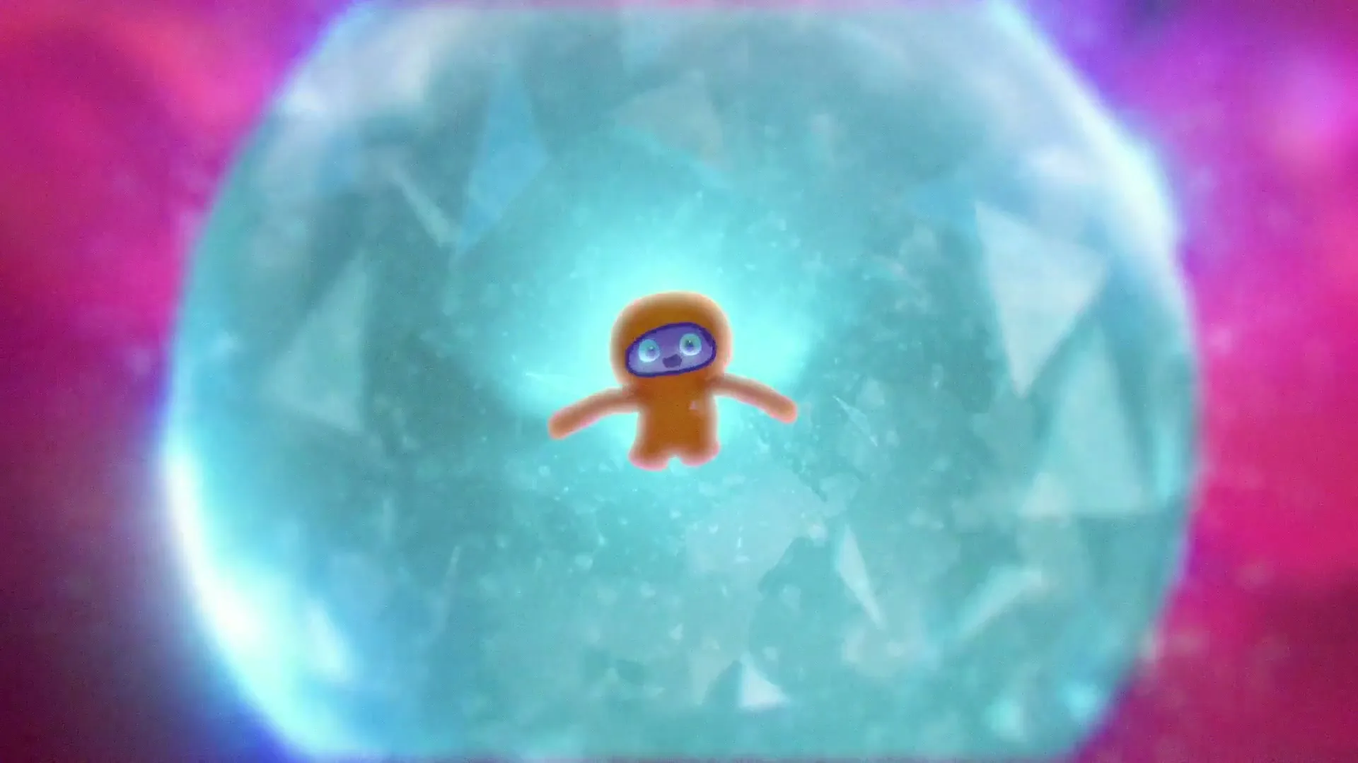 An orange animated creature with a blue face and big eyes floats inside a glowing, shattered blue sphere against a pink and purple cosmic background.