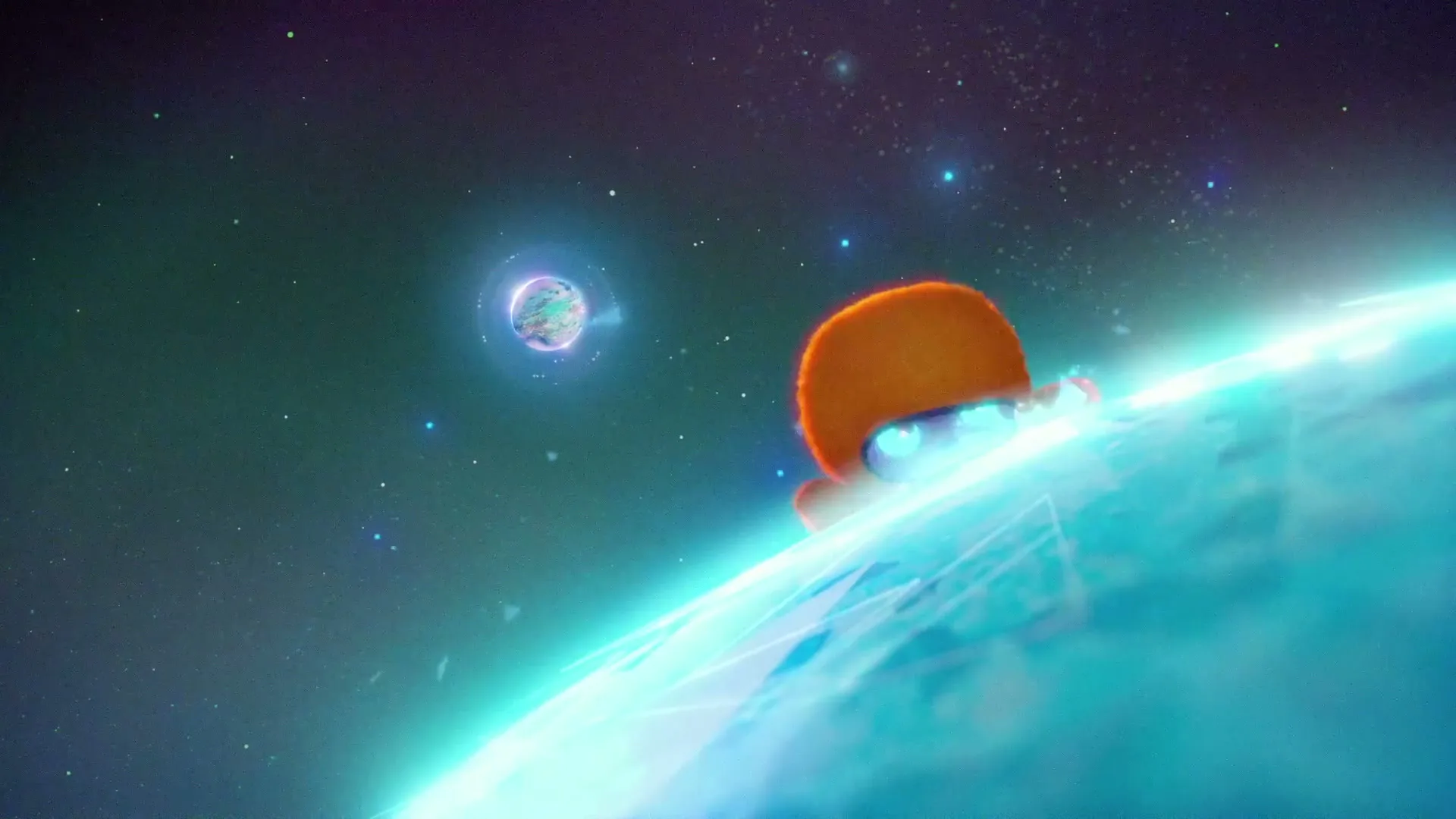 A small, orange, furry alien creature with glowing blue eyes peeks over the horizon of a bright blue planet, looking at a smaller planet in the distance.