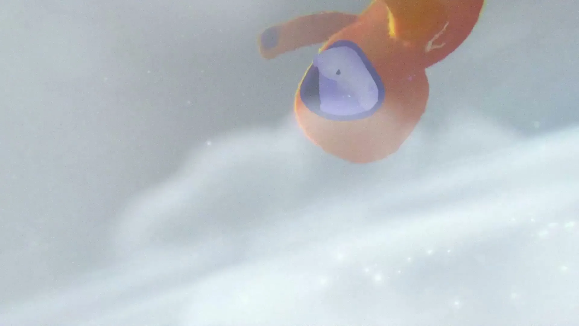 An orange plush toy astronaut falls through a hazy, light-filled void, eventually landing on a glowing surface.