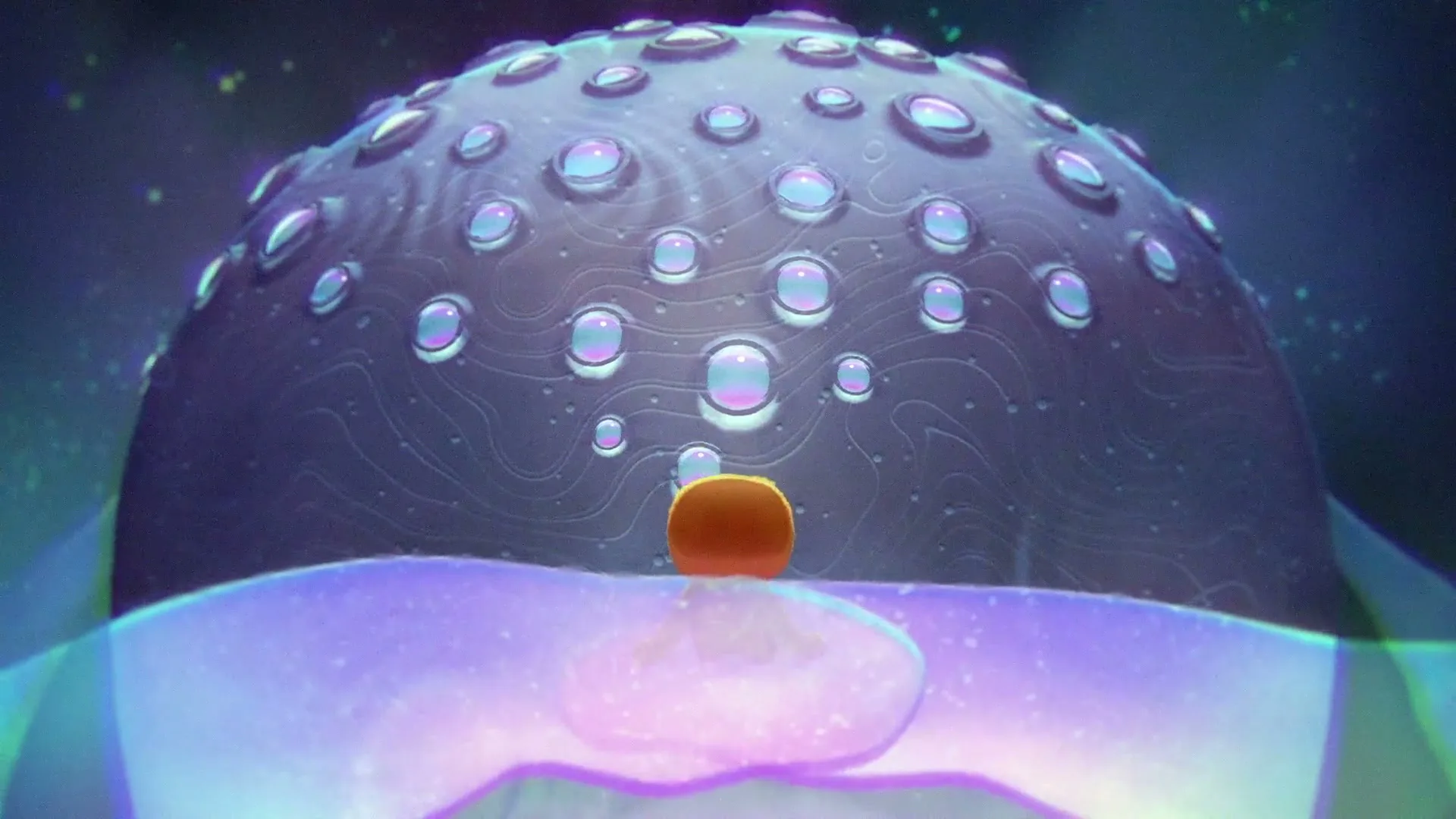A small orange blob sits on a purple, translucent surface, with a large, textured dome covered in bubbles behind it, in a fantastical, otherworldly setting.
