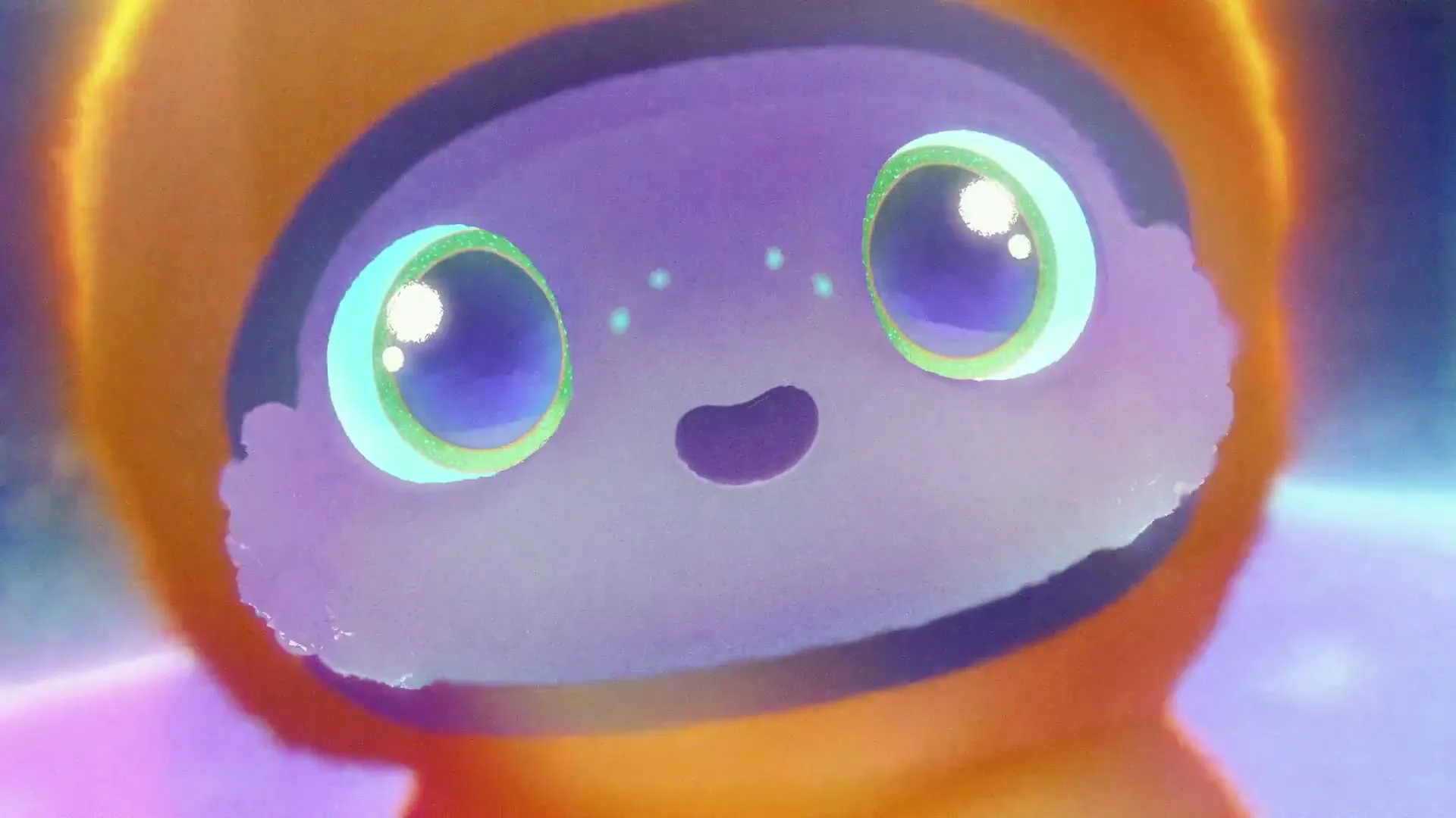 A cute, orange, animated alien creature with large, glowing green eyes and a small mouth looks directly at the camera, then blinks.