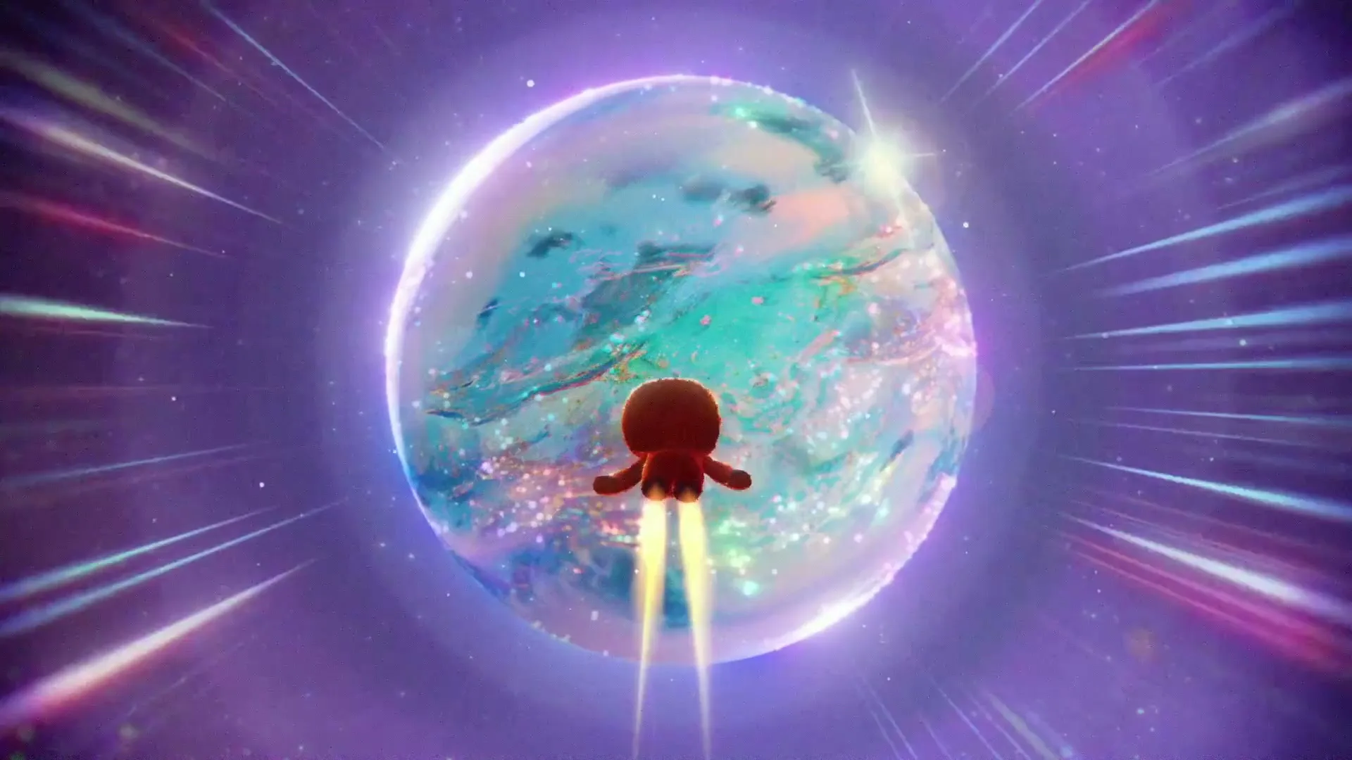 A small, red, animated character with a jetpack flies towards a colorful, glowing planet in outer space.