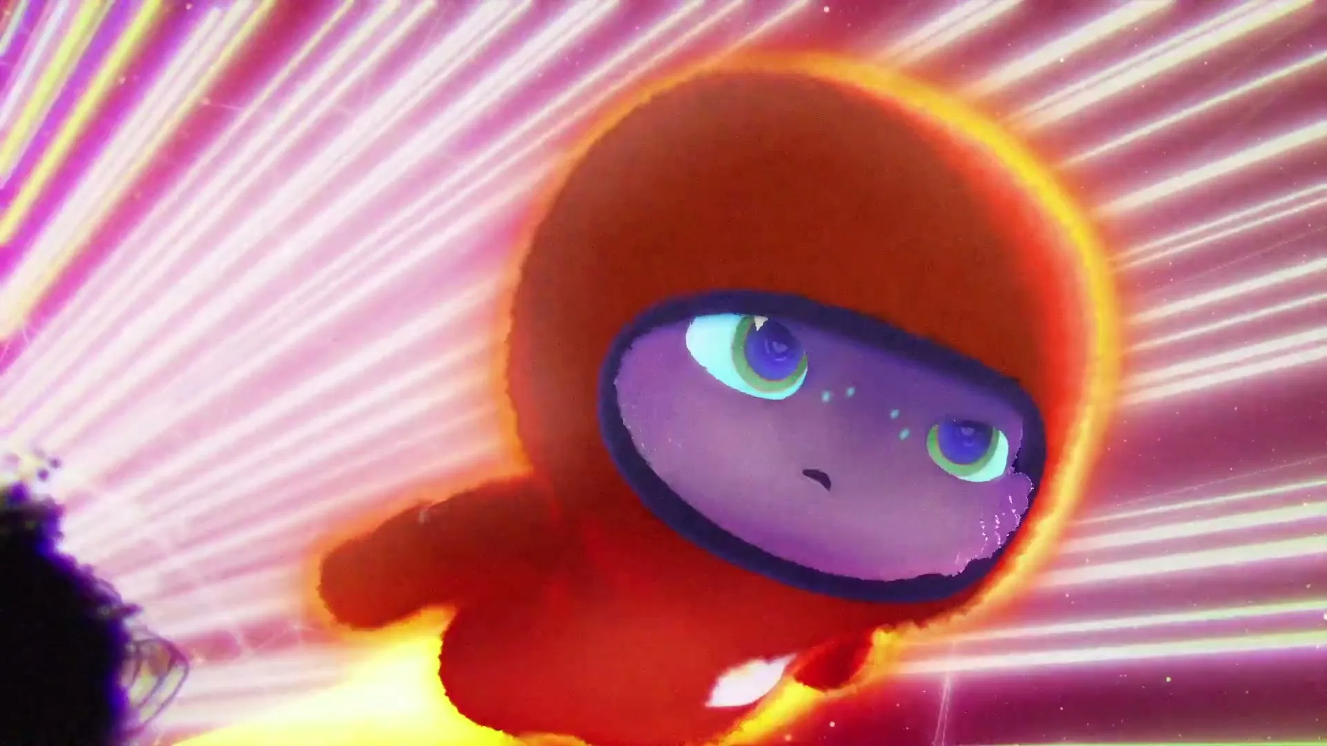 A small, red, animated character with a glowing aura and a visor flies through a vibrant, abstract space with streaks of light.